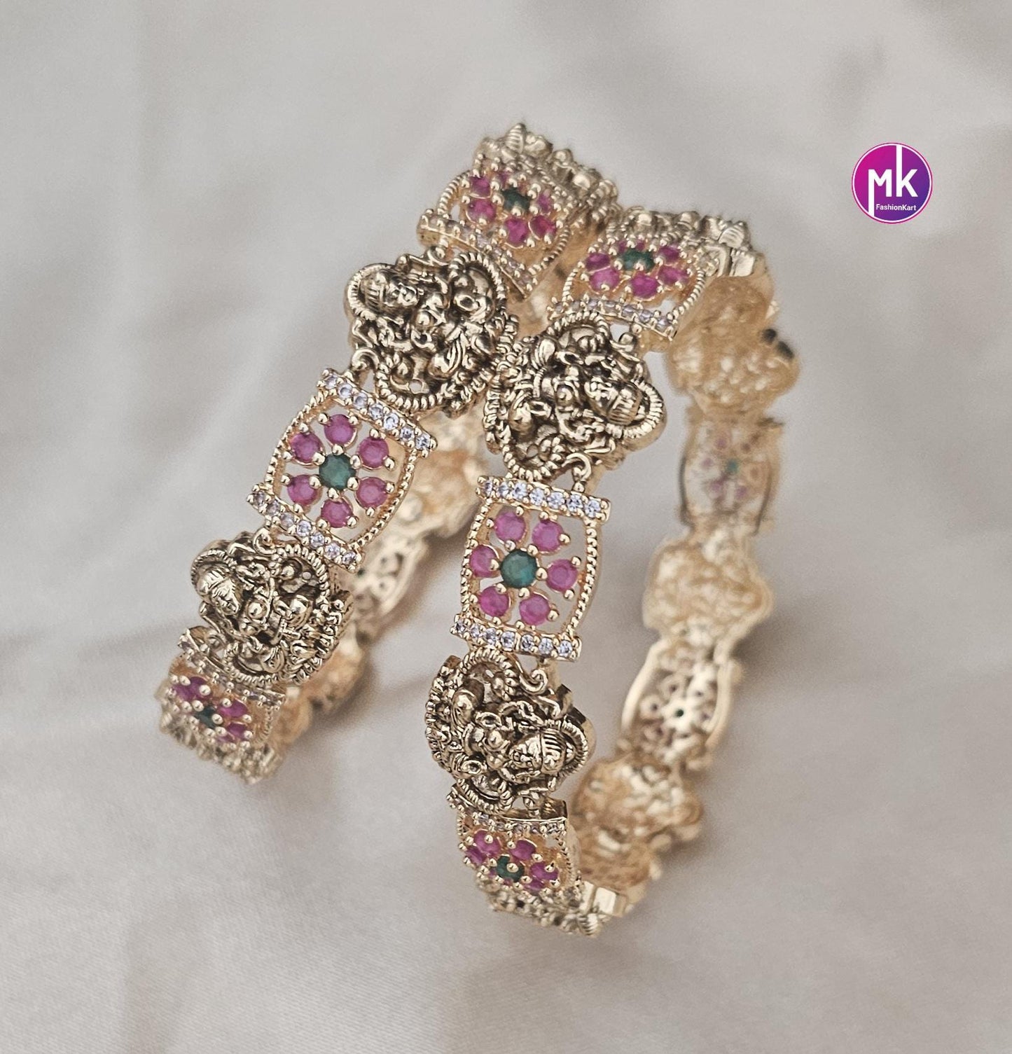 Premium Lakshmi AD and CZ Stone Matte gold finish flower type bangles - Set of 2 bangles - Size 2.6 - Fashion Jewelry - MK Fashionkart