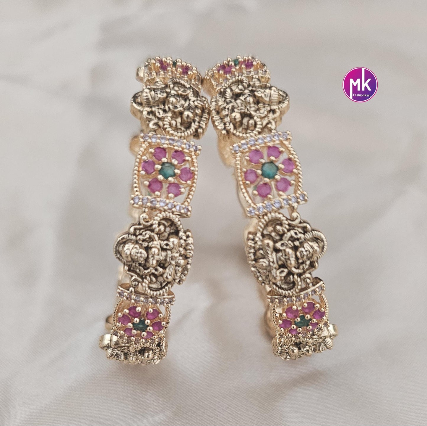 Premium Lakshmi AD and CZ Stone Matte gold finish flower type bangles - Set of 2 bangles - Size 2.6 - Fashion Jewelry - MK Fashionkart