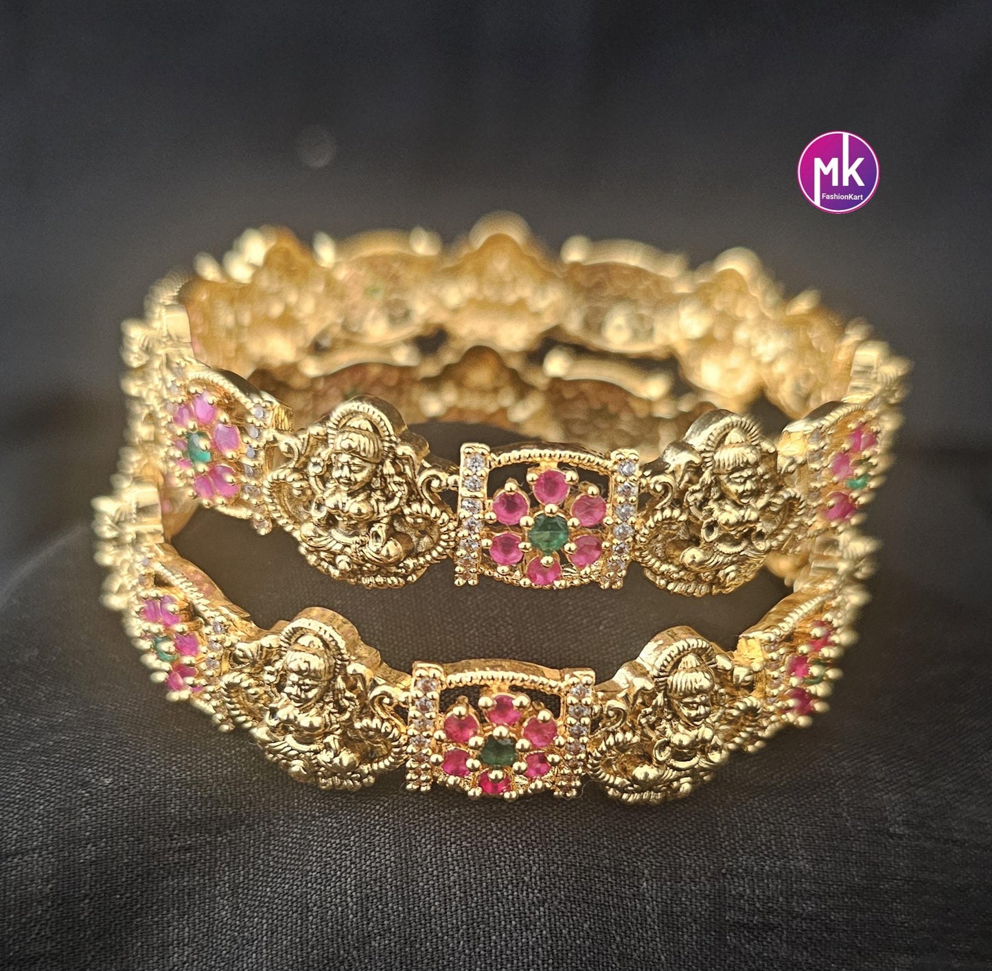 Premium Lakshmi AD and CZ Stone Matte gold finish flower type bangles - Set of 2 bangles - Size 2.6 - Fashion Jewelry - MK Fashionkart