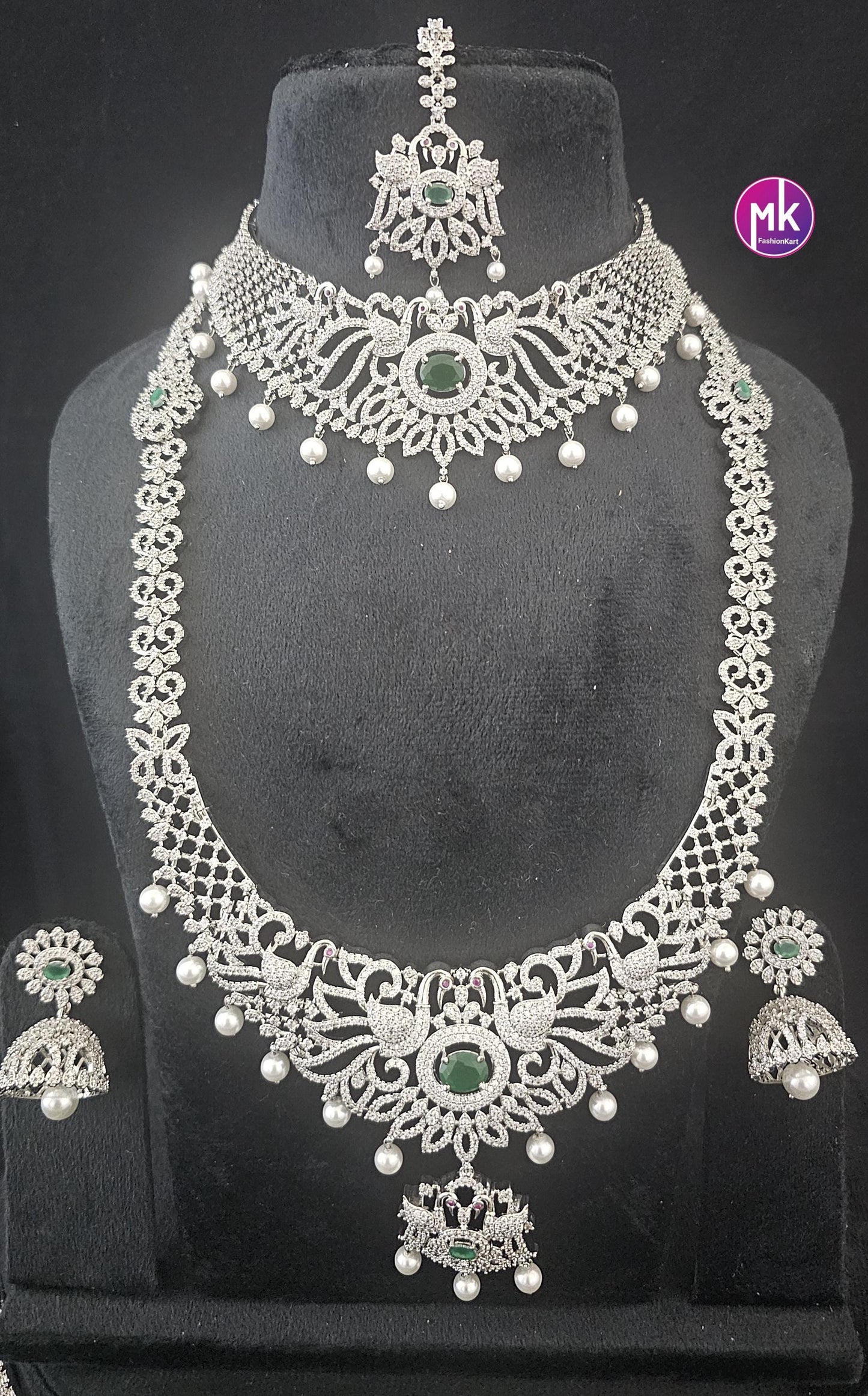 Celebrity Style Premium quality Emerald CZ/AD stone Jewelry - Bridal Combo set Wedding/Baby shower/Housewarming - MK Fashionkart
