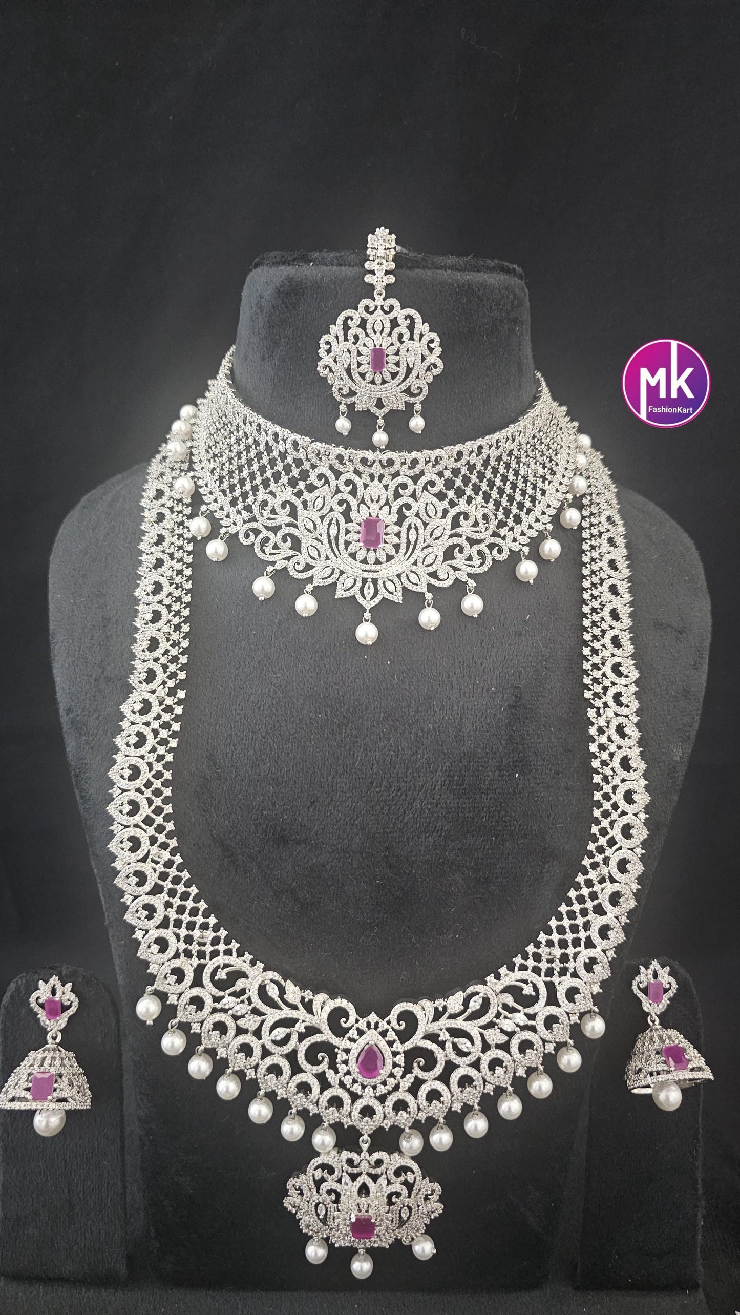 Celebrity Style Premium quality Ruby CZ/AD stone Jewelry - Bridal Combo set Wedding/Baby shower/Housewarming - MK Fashionkart