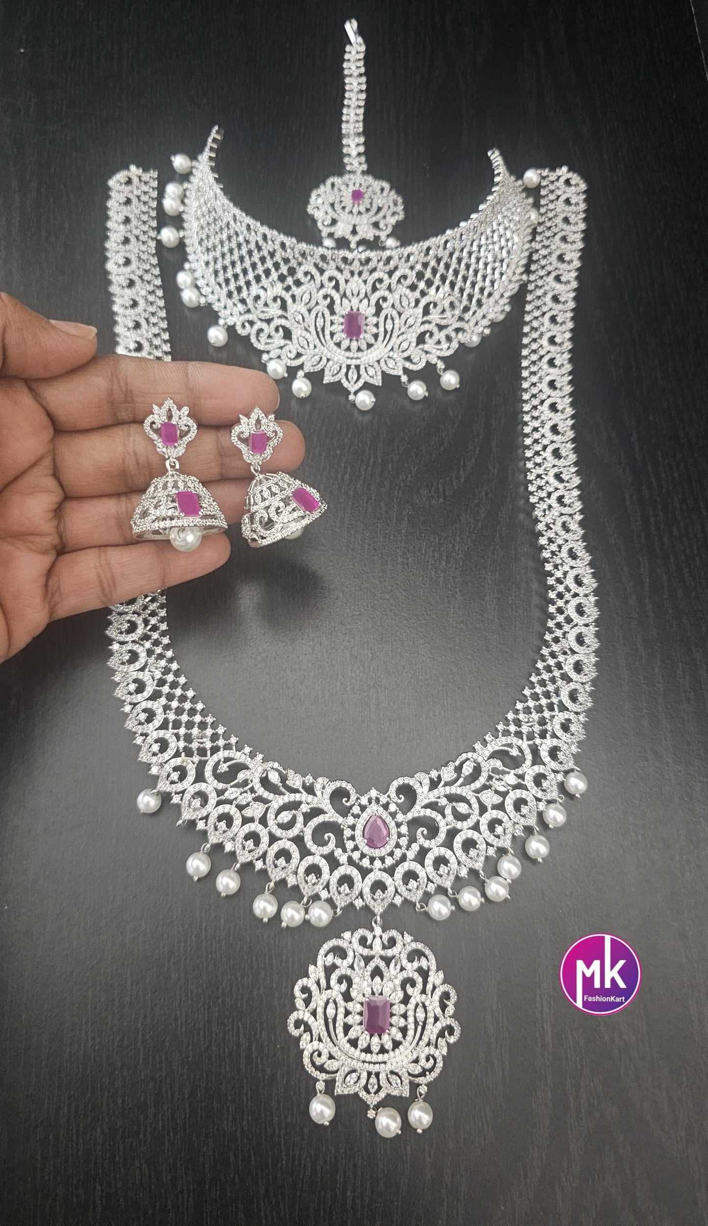 Celebrity Style Premium quality Ruby CZ/AD stone Jewelry - Bridal Combo set Wedding/Baby shower/Housewarming - MK Fashionkart