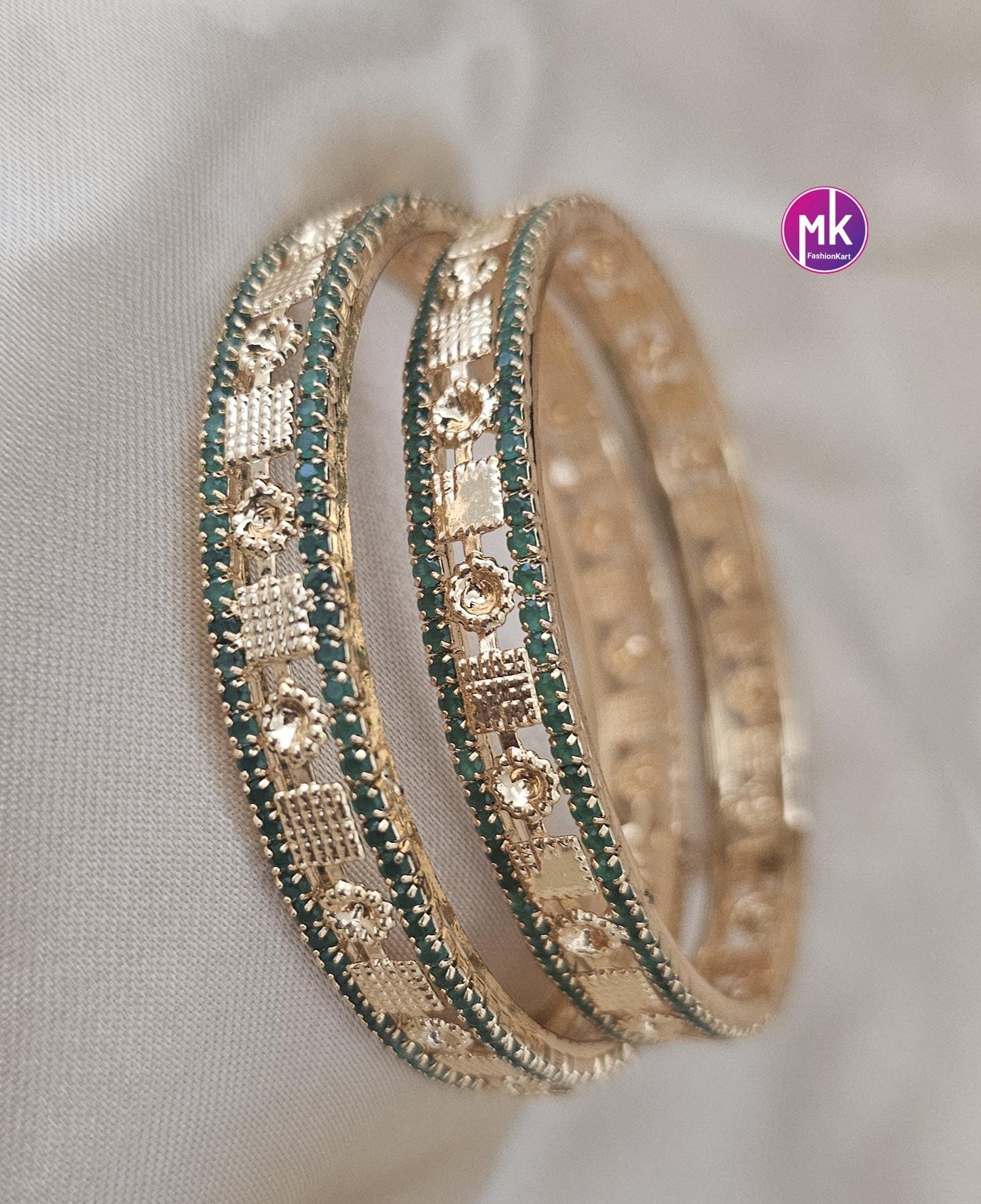 Premium Quality AD Green stone Gold finish Stone Bangles - Set of 2 bangles - Size 2.4 and 2.8 - Fashion Jewelry - MK Fashionkart