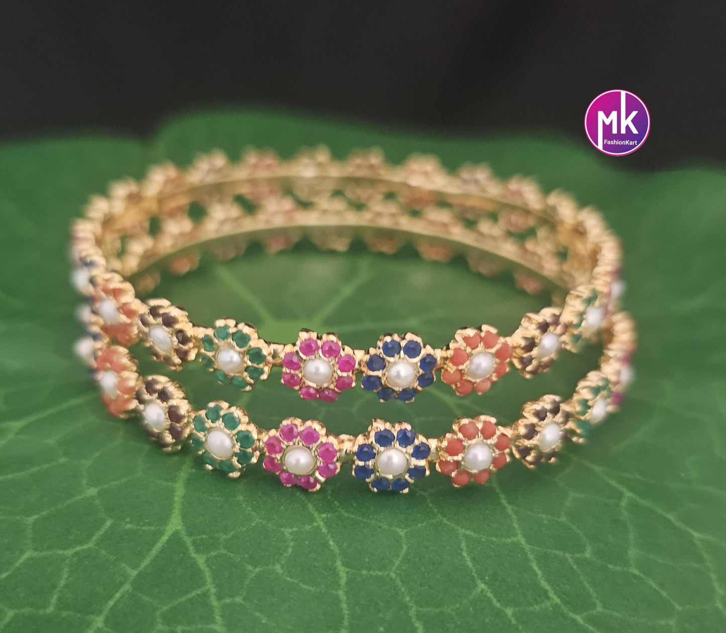 Premium Gold Finish Hyderabad Navarathna bangles - Set of 2 bangles - Size 2.8 - Wedding/Partywear bangles - MK Fashionkart