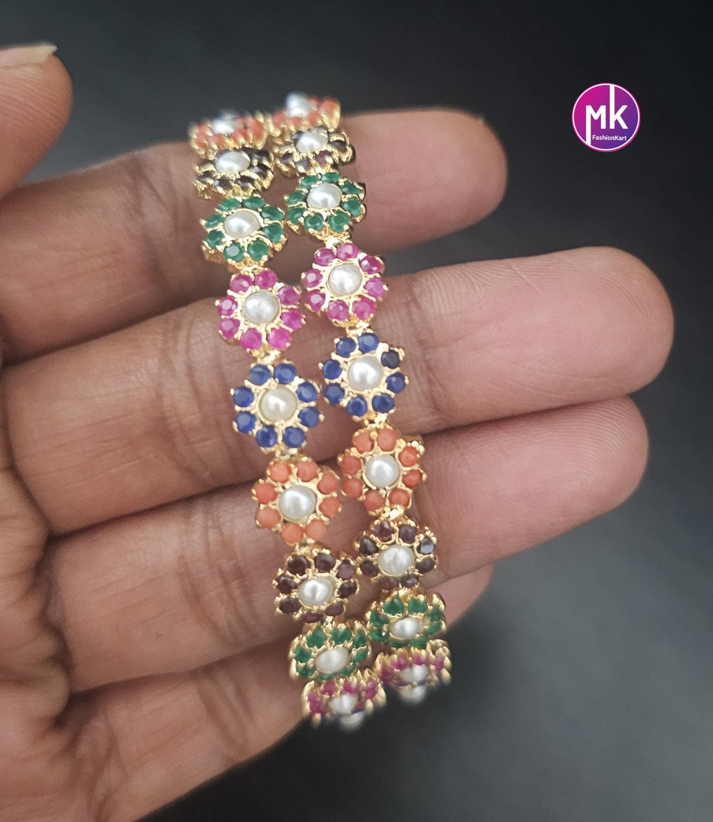 Premium Gold Finish Hyderabad Navarathna bangles - Set of 2 bangles - Size 2.8 - Wedding/Partywear bangles - MK Fashionkart