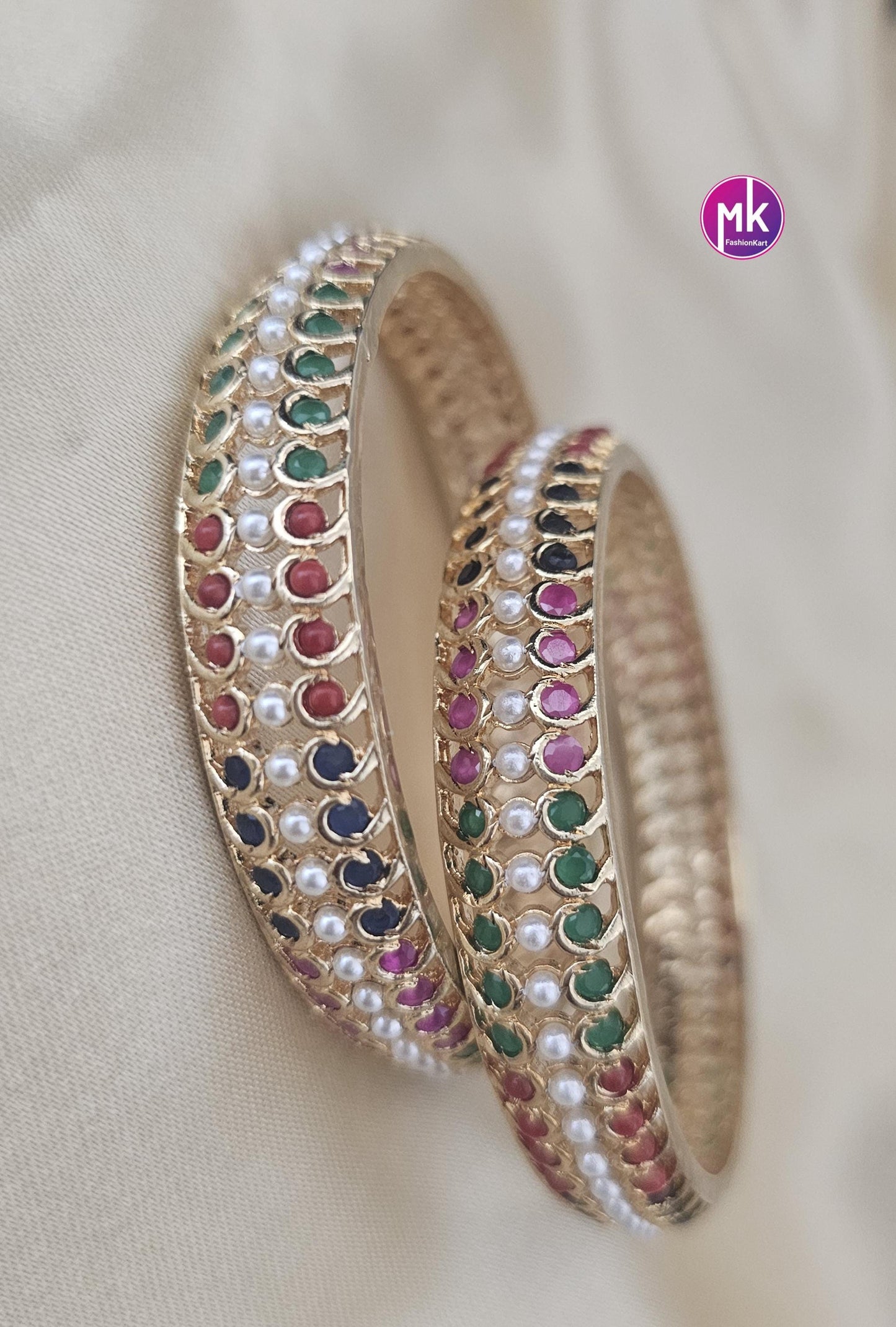 Hyderabad Pearl with AD stone premium gold finish Bangles - Set of 2 bangles - Size 2.6 and 2.8 - Fashion Jewelry - MK Fashionkart