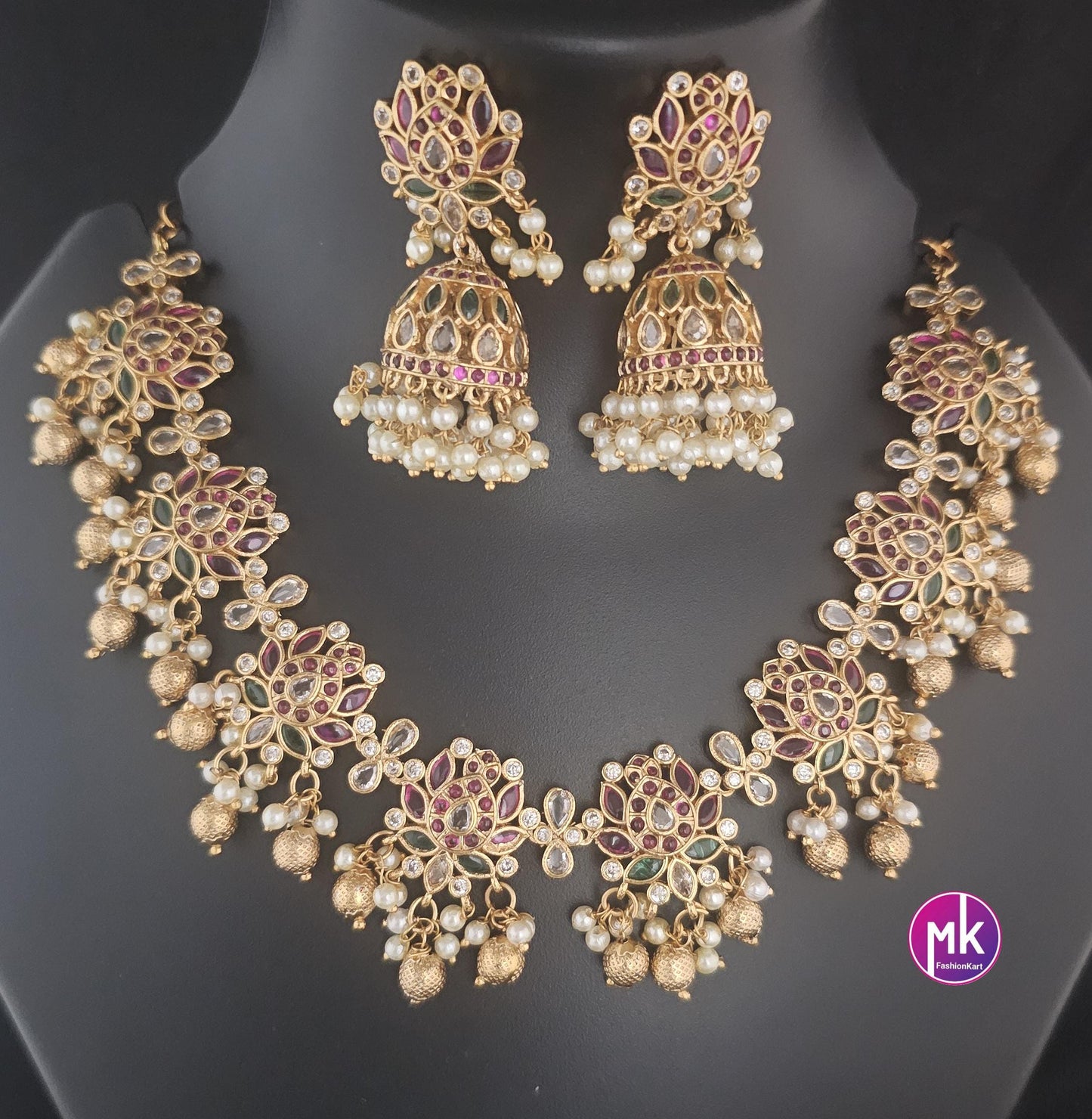 Premium Quality Matte gold finish beautiful lotus design Kemp stone Necklace with matching Jhumkas - MK Fashionkart - Fashion Jewelry