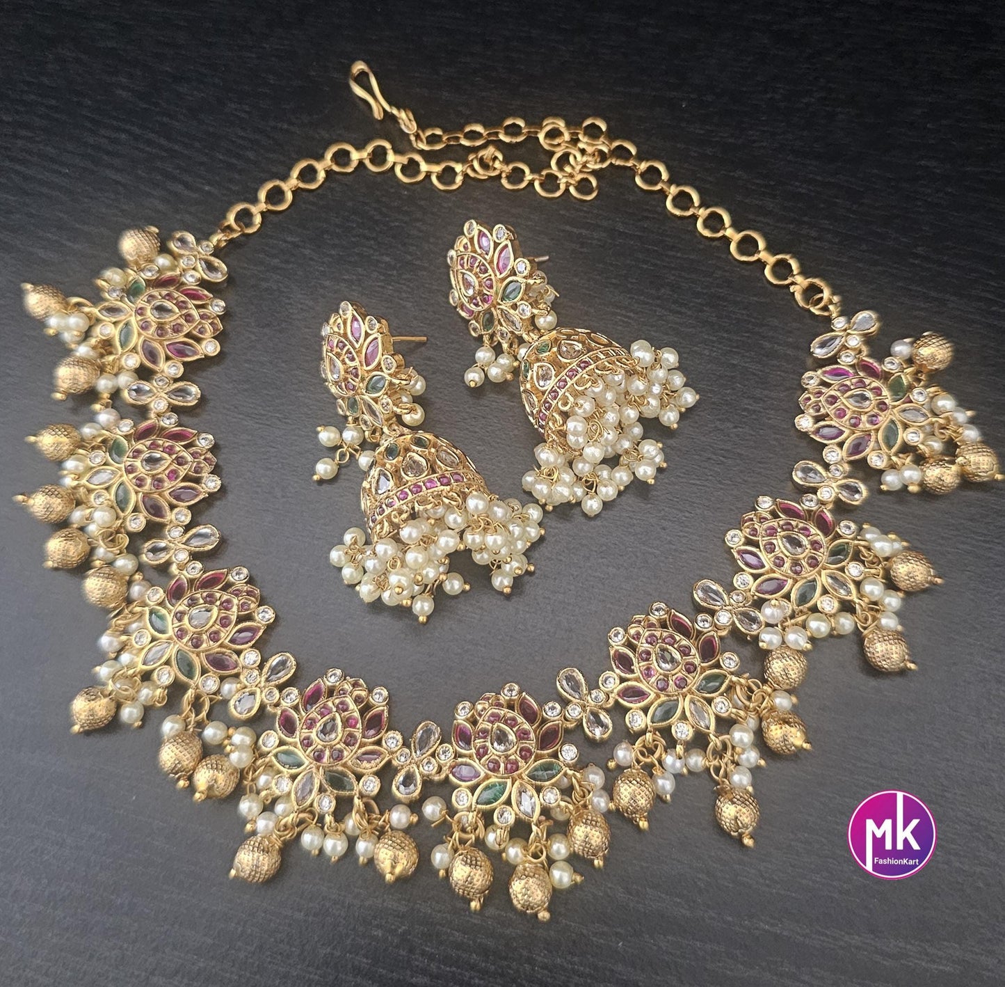 Premium Quality Matte gold finish beautiful lotus design Kemp stone Necklace with matching Jhumkas - MK Fashionkart - Fashion Jewelry