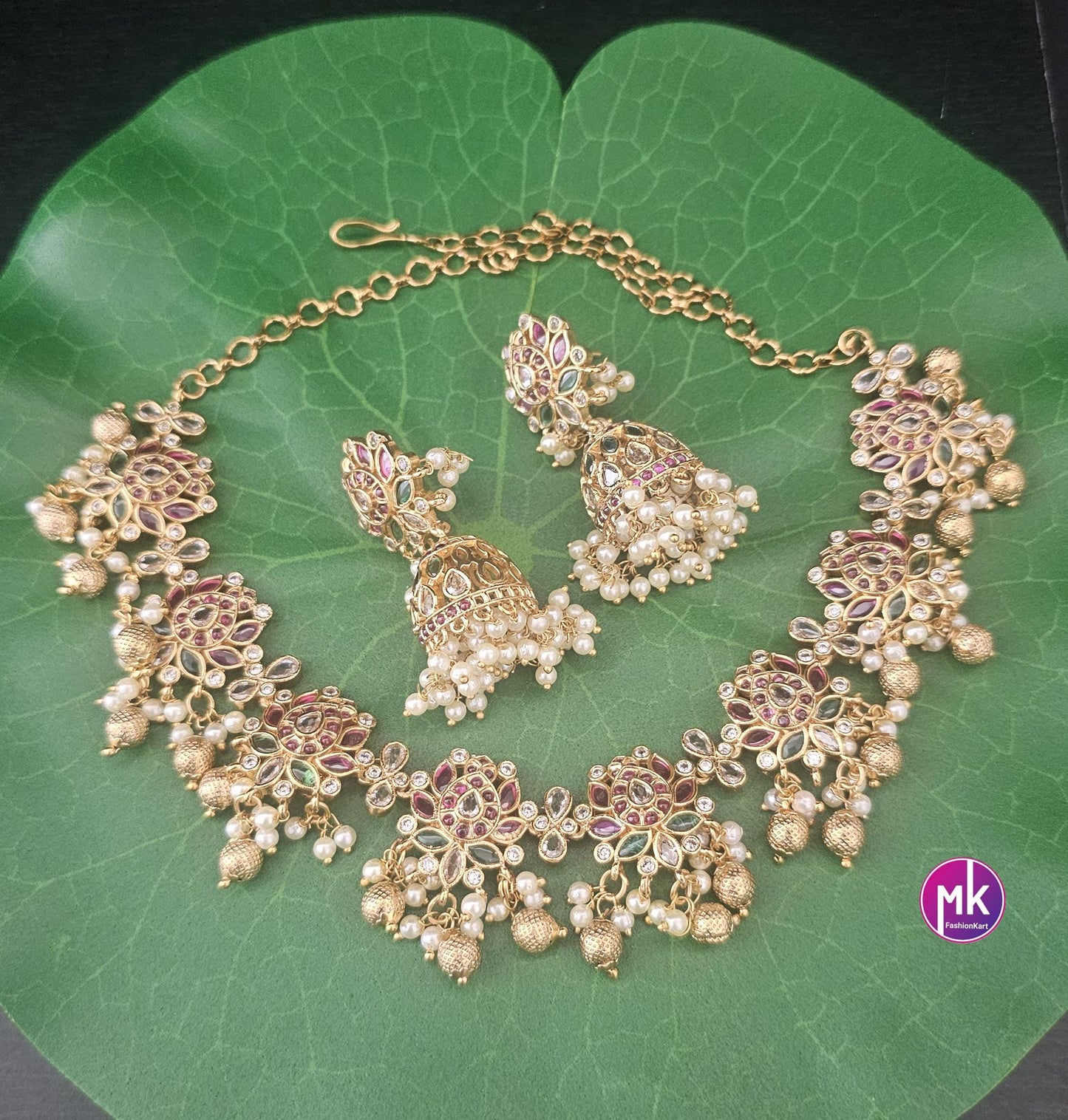 Premium Quality Matte gold finish beautiful lotus design Kemp stone Necklace with matching Jhumkas - MK Fashionkart - Fashion Jewelry