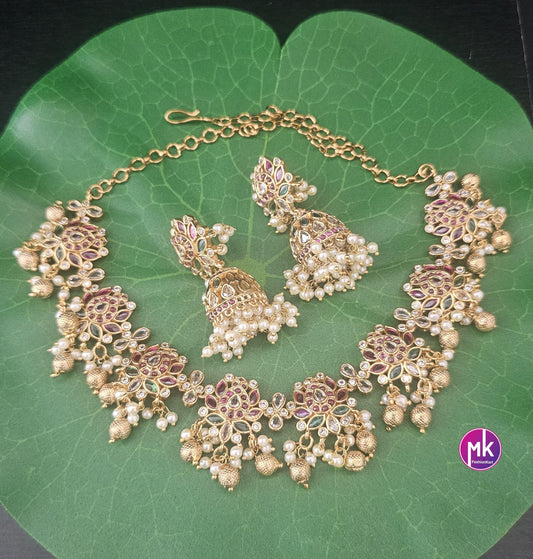 Premium Quality Matte gold finish beautiful lotus design Kemp stone Necklace with matching Jhumkas - MK Fashionkart - Fashion Jewelry