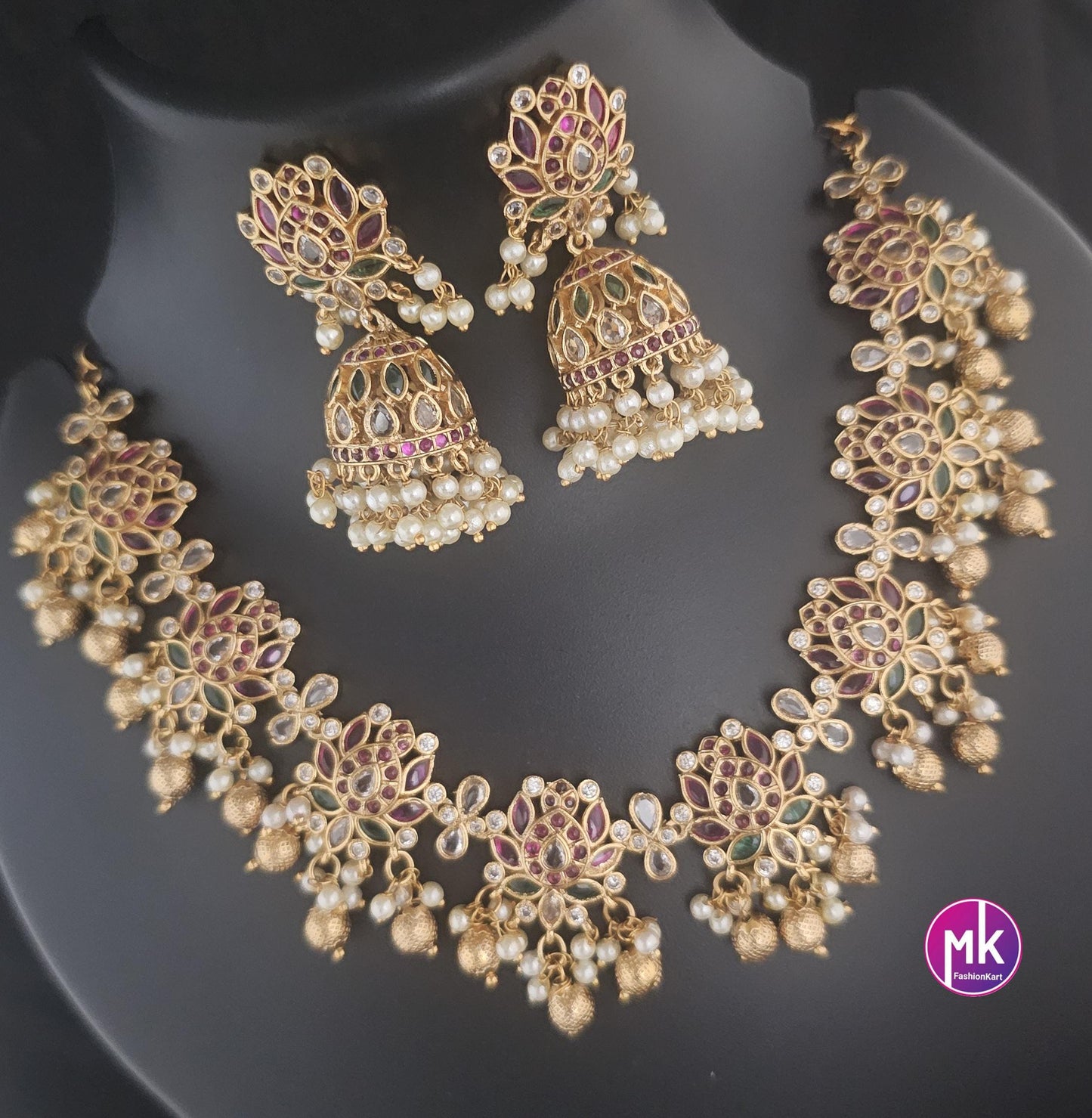 Premium Quality Matte gold finish beautiful lotus design Kemp stone Necklace with matching Jhumkas - MK Fashionkart - Fashion Jewelry