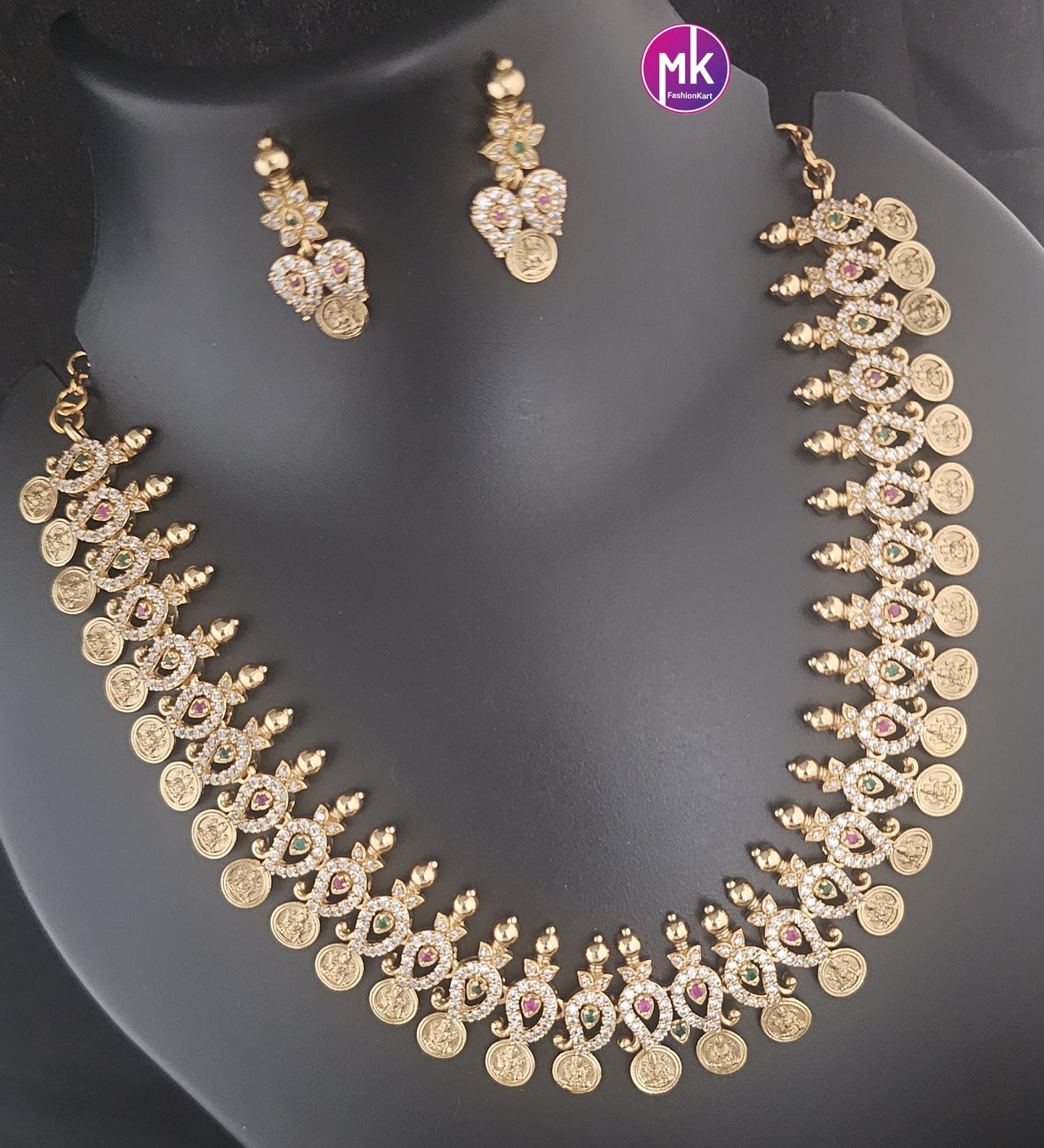 Lakshmi Mango design Premium Quality AD/CZ Stone Matte finish Necklace with Beautiful Earrings - MK Fashionkart - Fashion Jewelry