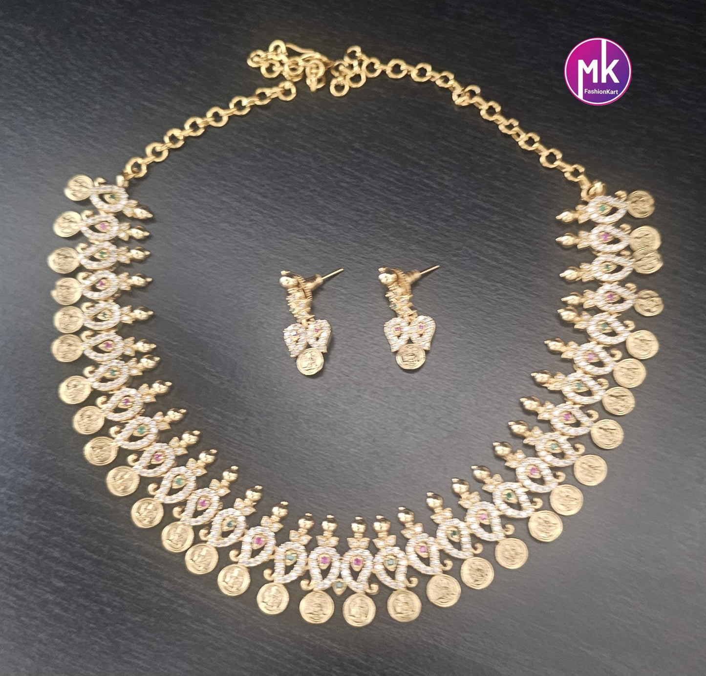 Lakshmi Mango design Premium Quality AD/CZ Stone Matte finish Necklace with Beautiful Earrings - MK Fashionkart - Fashion Jewelry