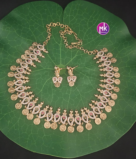 Lakshmi Mango design Premium Quality AD/CZ Stone Matte finish Necklace with Beautiful Earrings - MK Fashionkart - Fashion Jewelry