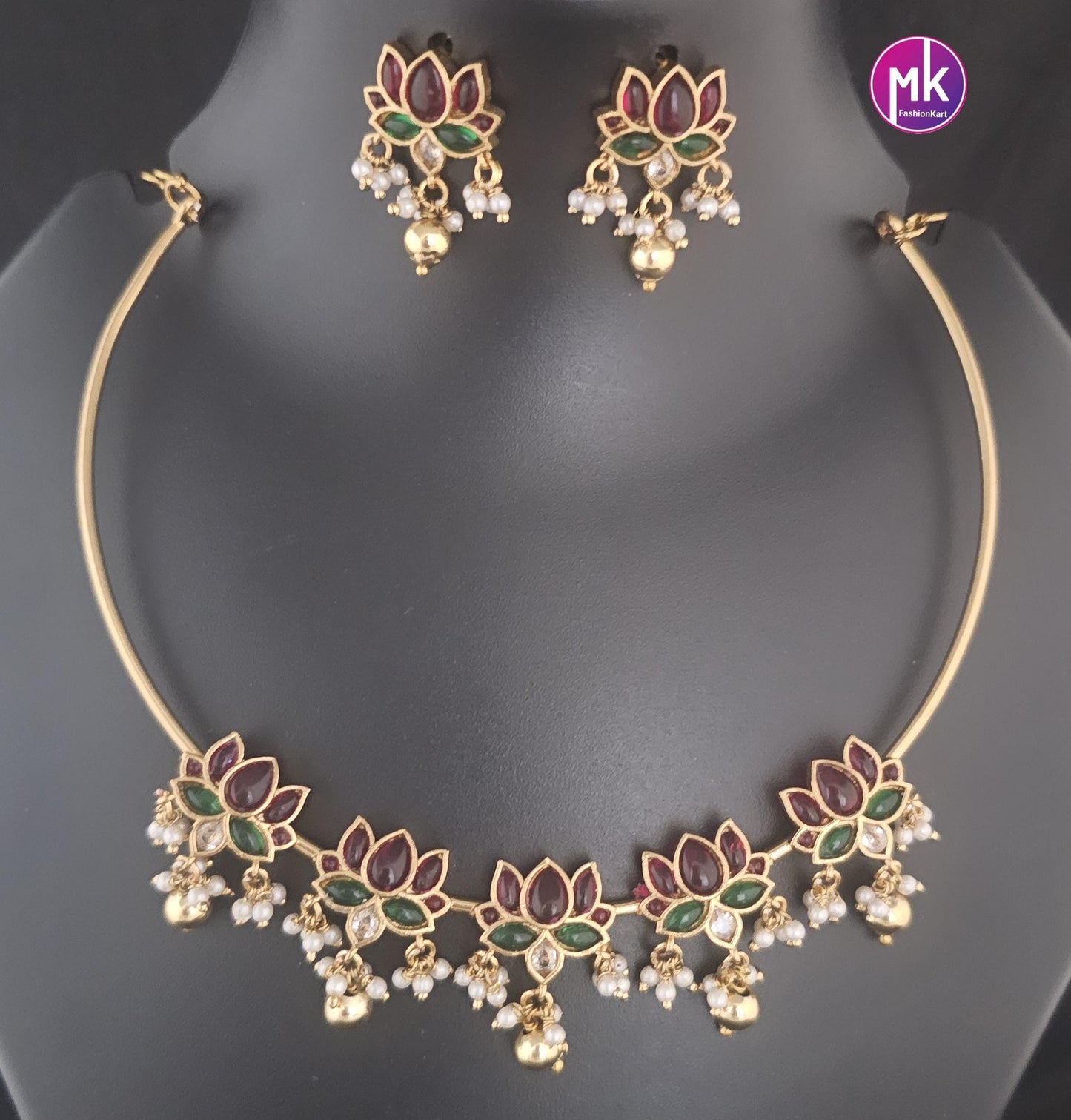 Premium Quality Matte finish Kemp stone Lotus design Hasli Necklace w Beautiful Earrings - MK Fashionkart - Fashion Jewelry