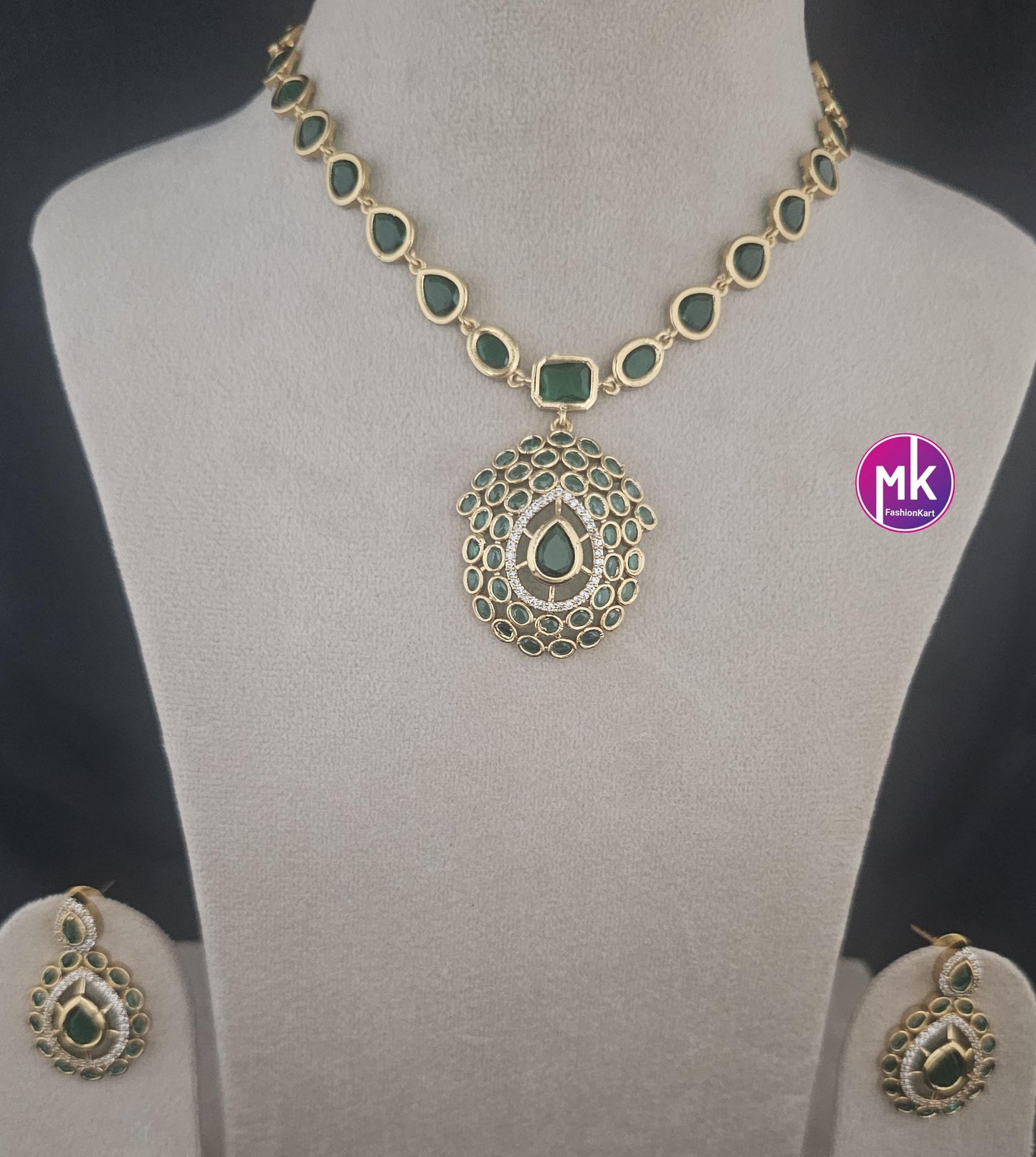 Jyothika Inspired design Emerald AD Stone Gold finish necklace w matching Earrings - Bridal Necklace - Fashion Jewelry - MK Fashionkart
