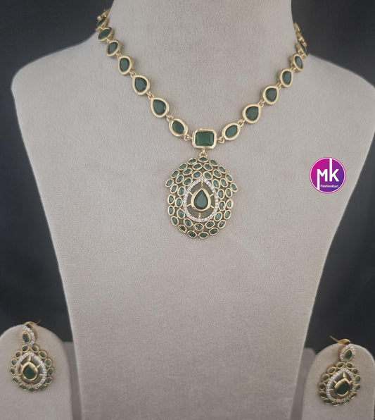 Jyothika Inspired design Emerald AD Stone Gold finish necklace w matching Earrings - Bridal Necklace - Fashion Jewelry - MK Fashionkart