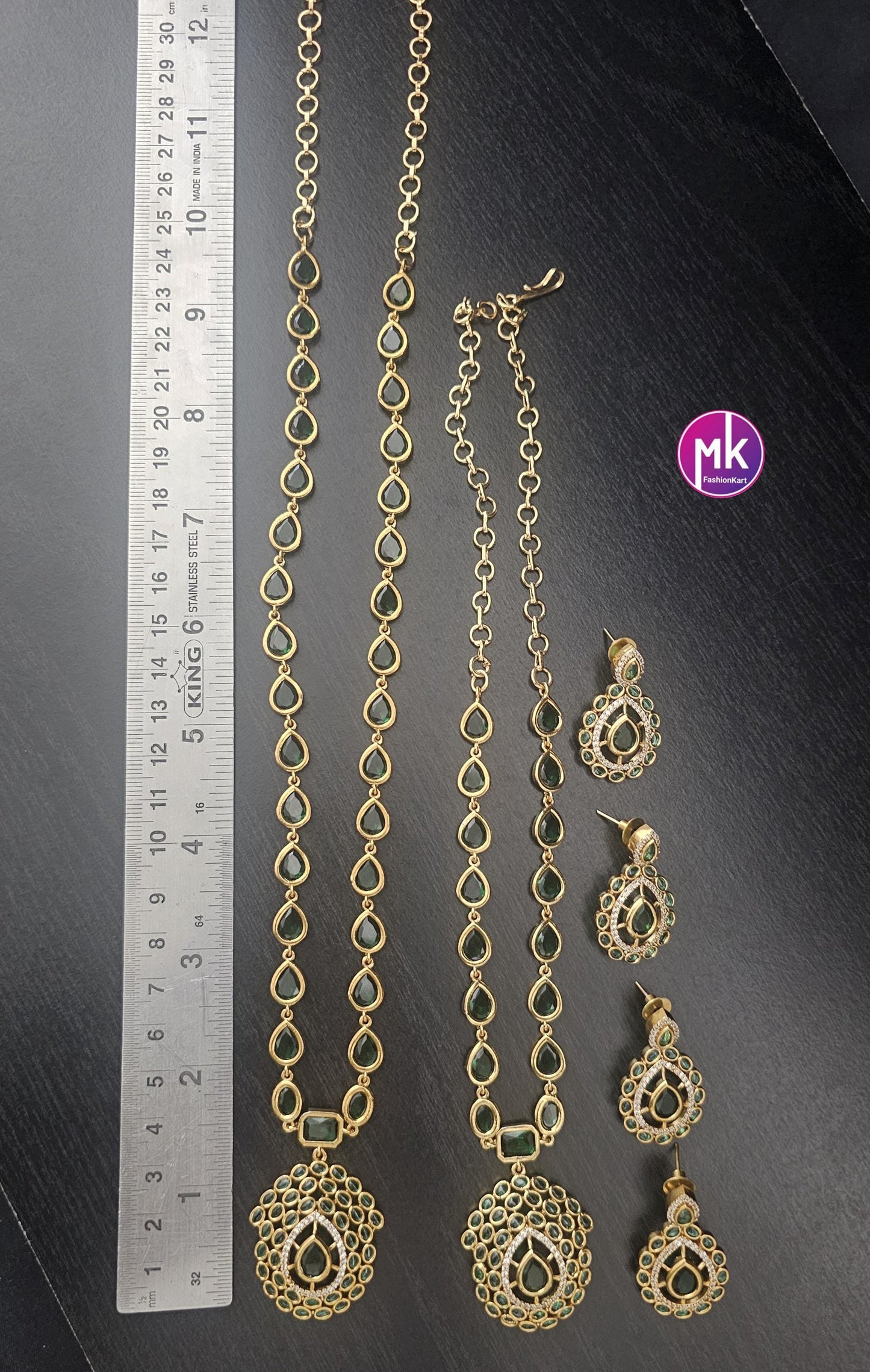 Jyothika Inspired design Emerald AD Stone Gold finish necklace w matching Earrings - Bridal Necklace - Fashion Jewelry - MK Fashionkart