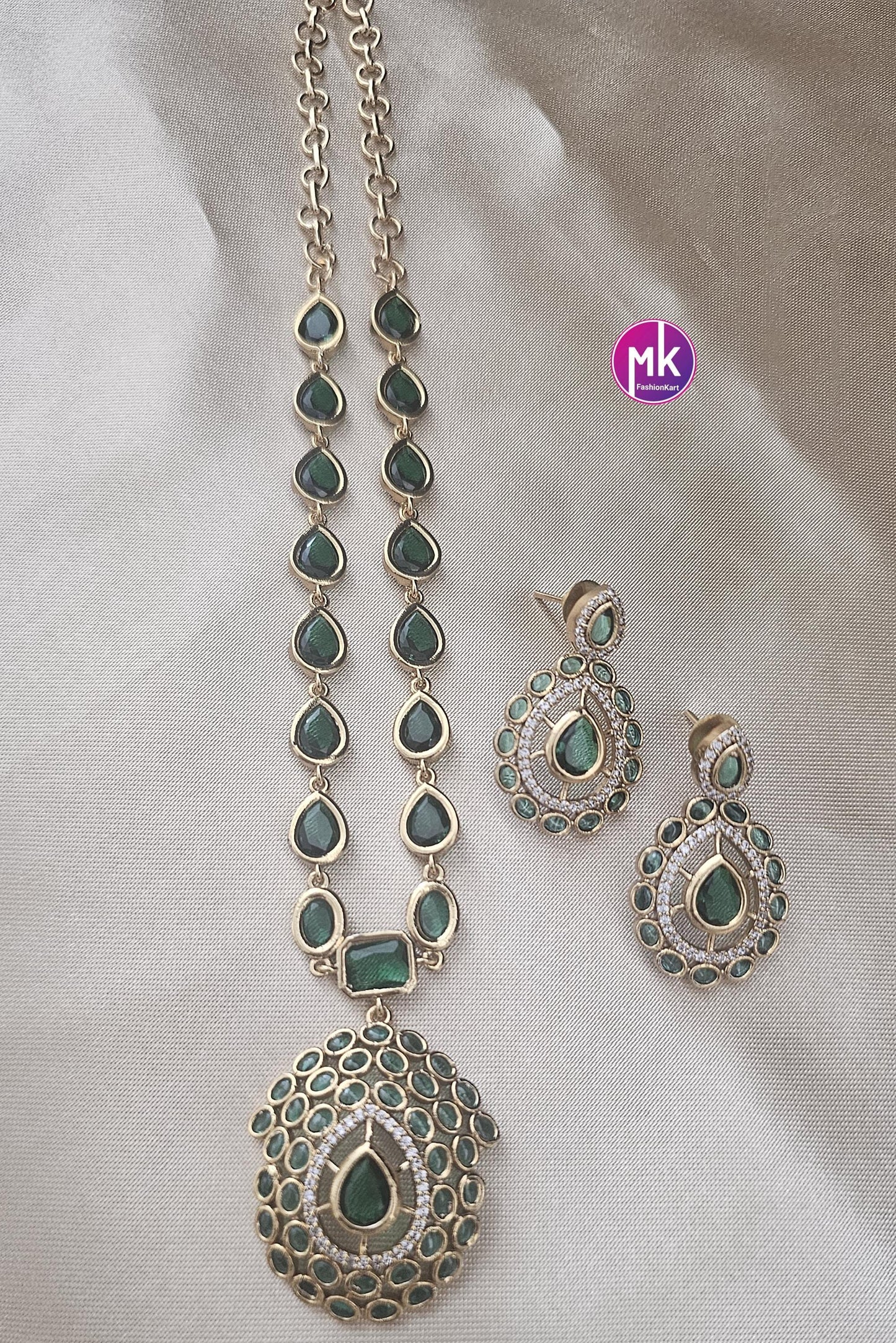 Jyothika Inspired design Emerald AD Stone Gold finish necklace w matching Earrings - Bridal Necklace - Fashion Jewelry - MK Fashionkart
