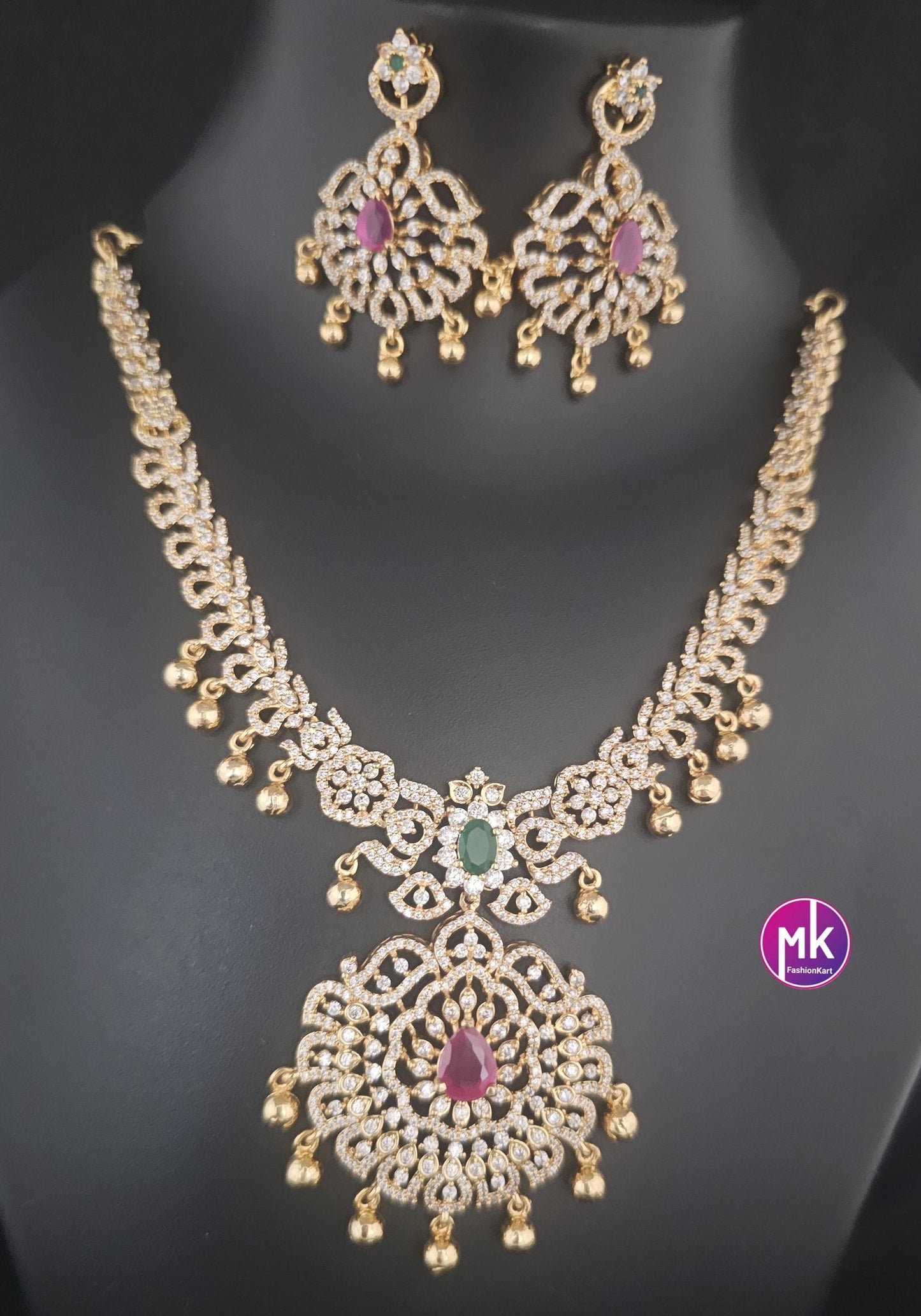 Premium quality AD/CZ stone Necklace with matching Earrings - Wedding Necklace - Gold Jewelry Replica Necklace - MK Fashionkart