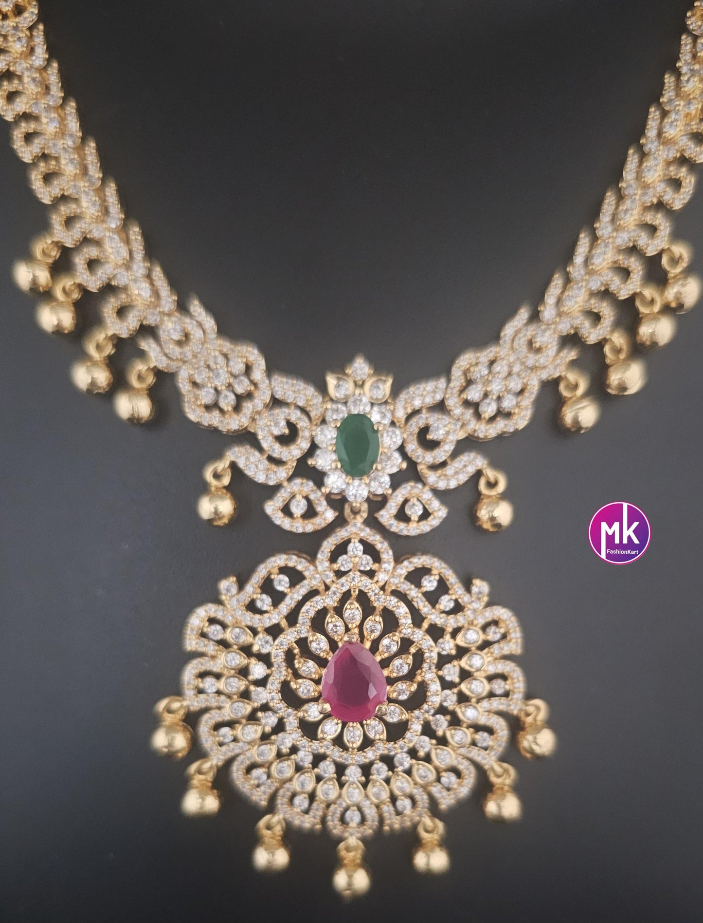 Premium quality AD/CZ stone Necklace with matching Earrings - Wedding Necklace - Gold Jewelry Replica Necklace - MK Fashionkart