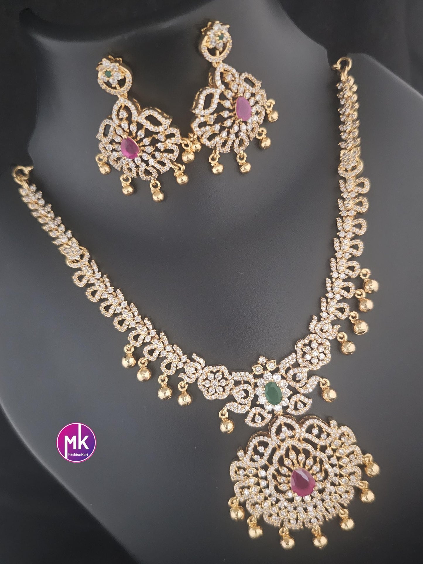Premium quality AD/CZ stone Necklace with matching Earrings - Wedding Necklace - Gold Jewelry Replica Necklace - MK Fashionkart