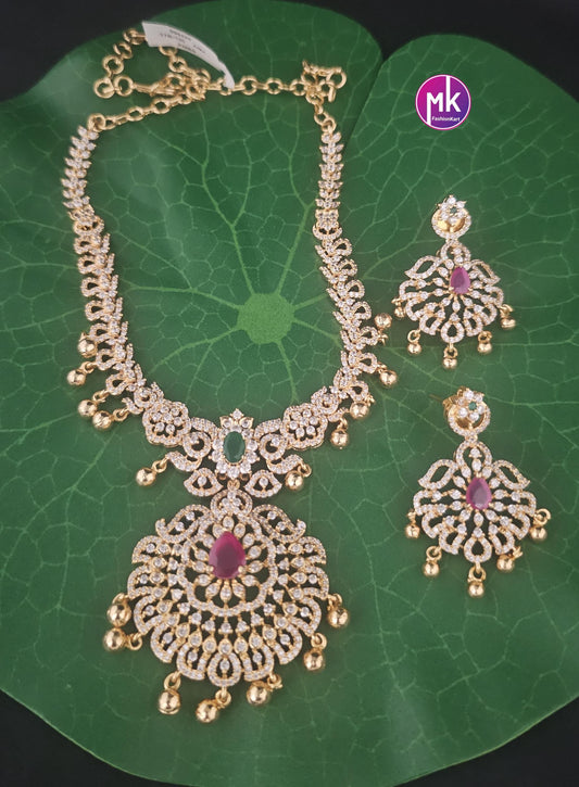 Premium quality AD/CZ stone Necklace with matching Earrings - Wedding Necklace - Gold Jewelry Replica Necklace - MK Fashionkart