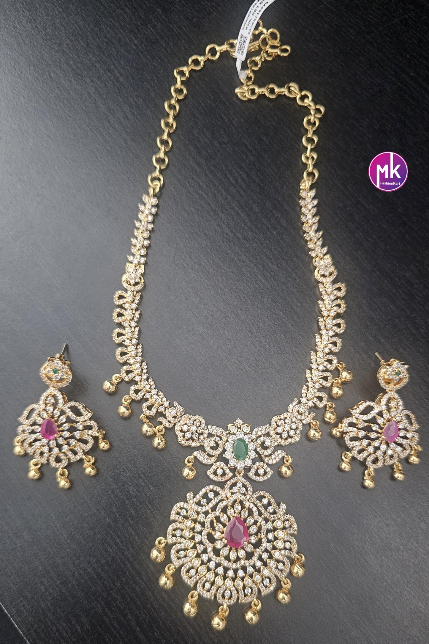 Premium quality AD/CZ stone Necklace with matching Earrings - Wedding Necklace - Gold Jewelry Replica Necklace - MK Fashionkart