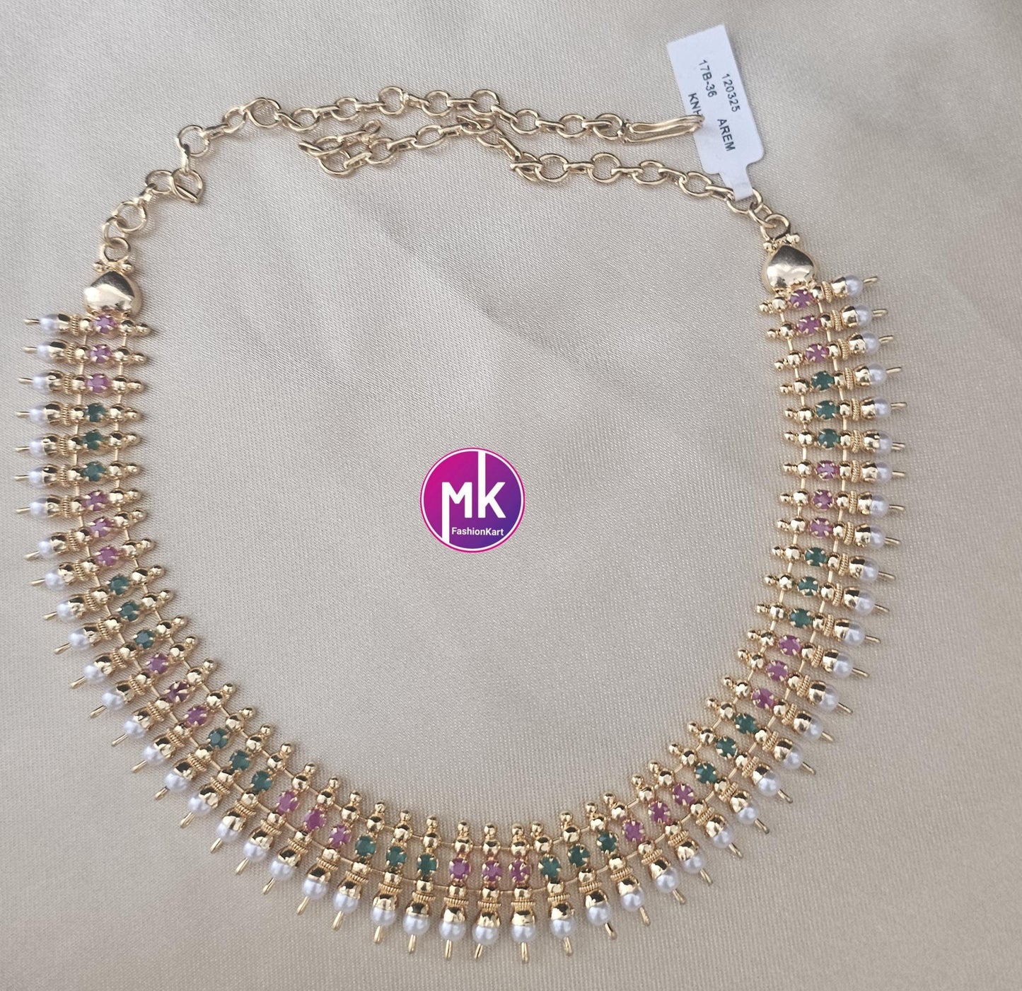 Traditional Indian Jewelry - Gold finish AD stone and pearl necklace - Adult cum Teen Necklace - Wedding Necklace - MK Fashionkart