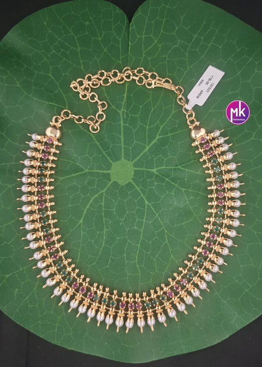 Traditional Indian Jewelry - Gold finish AD stone and pearl necklace - Adult cum Teen Necklace - Wedding Necklace - MK Fashionkart