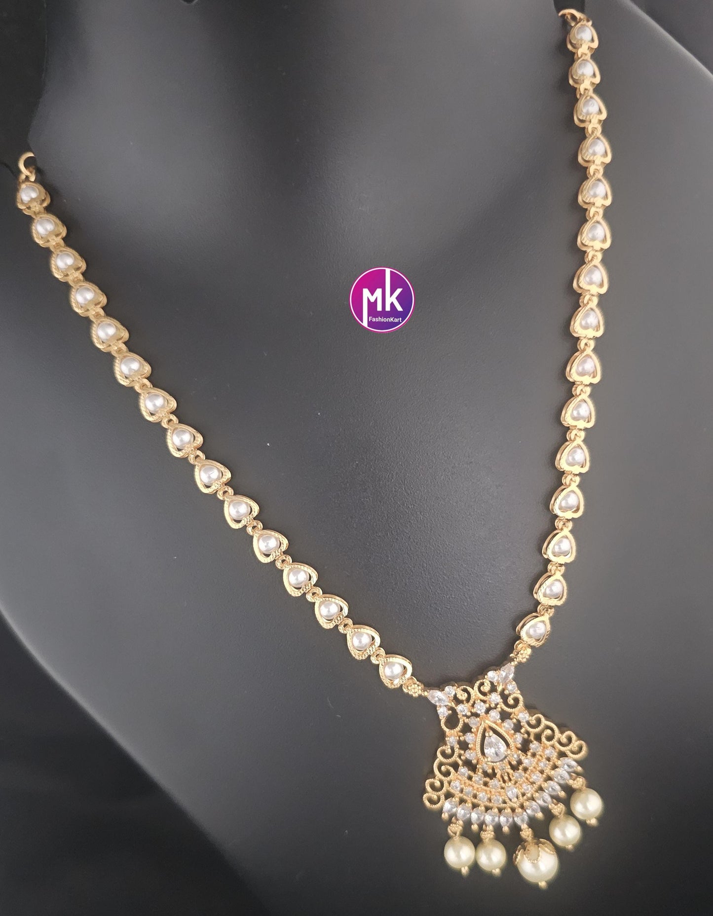 Gold finish Pearl AD stone Necklace - Adult cum Teen Necklace - Wedding Necklace - Fashion Jewelry - MK Fashionkart