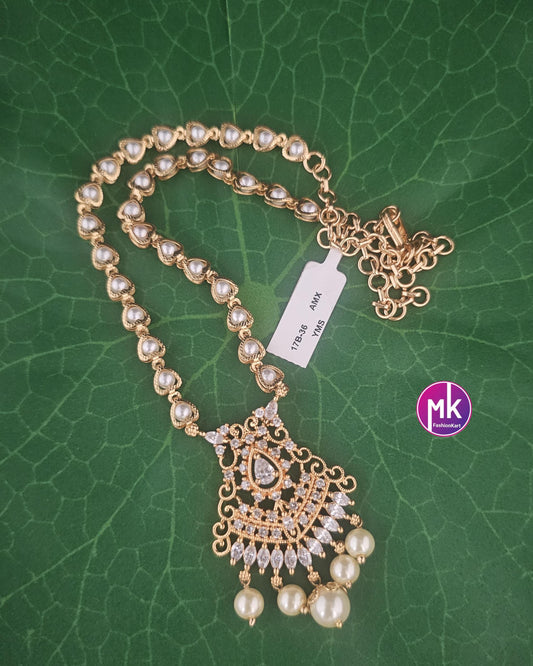 Gold finish Pearl AD stone Necklace - Adult cum Teen Necklace - Wedding Necklace - Fashion Jewelry - MK Fashionkart