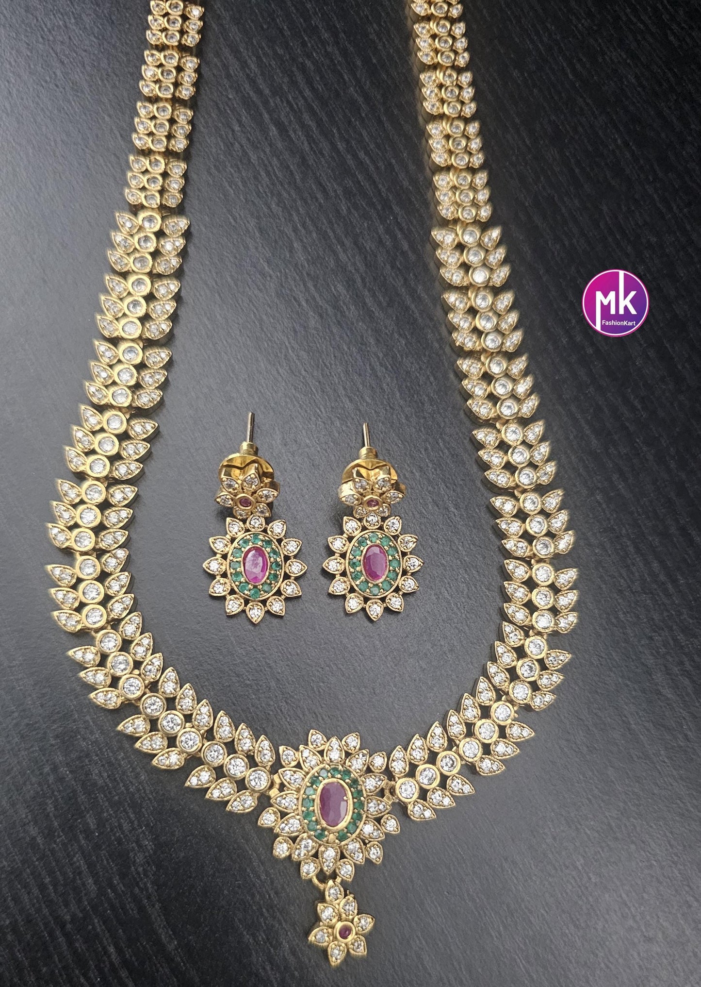 Premium Matte gold finish AD stone Haram with matching Earrings - Wedding Haram - Traditional Jewelry - Fashion Jewelry - MK Fashionkart