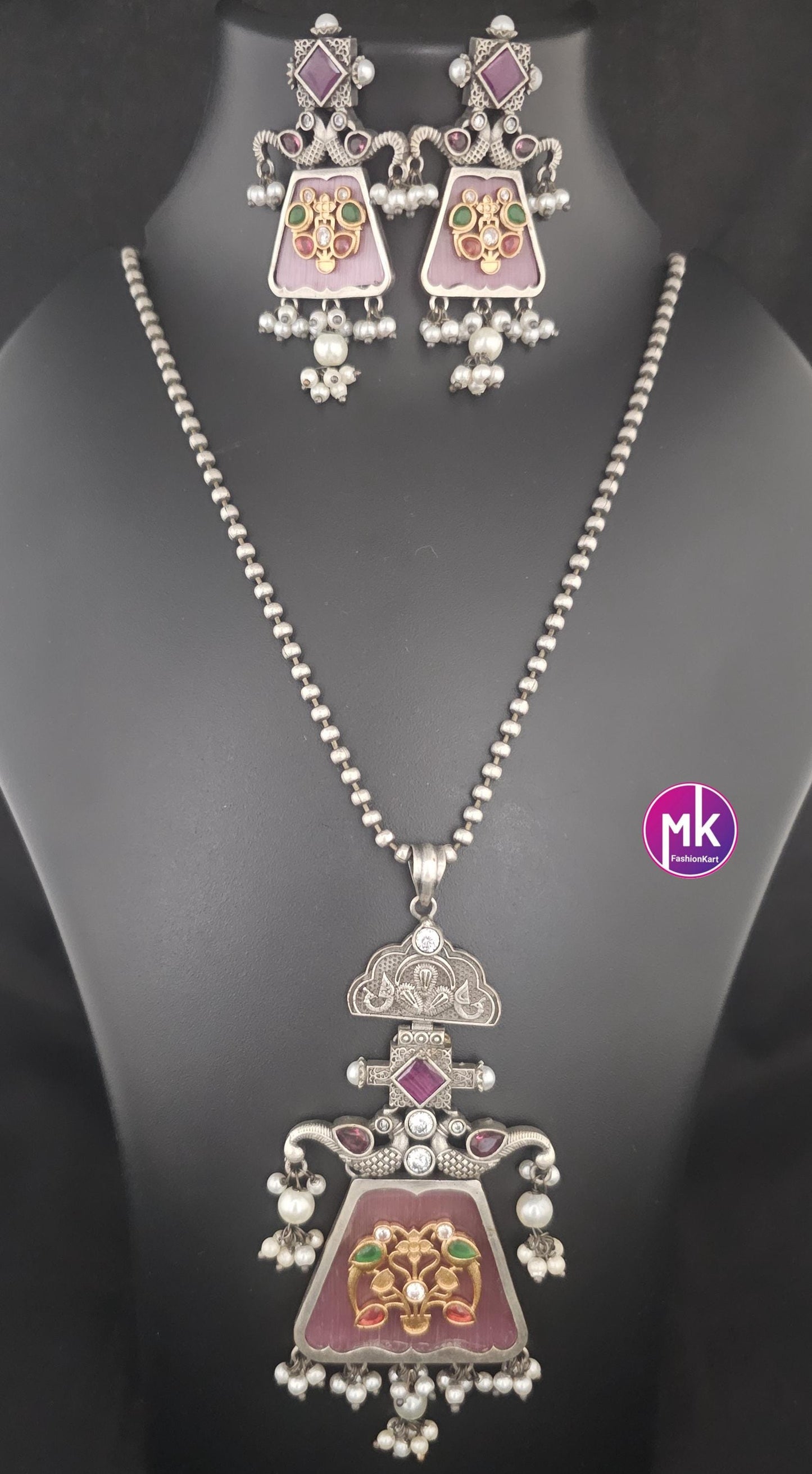 Celebrity Style Premium Quality oxidized Silver finish long chain with big pendent and matching Earrings - Fashion Jewelry - MK Fashionkart