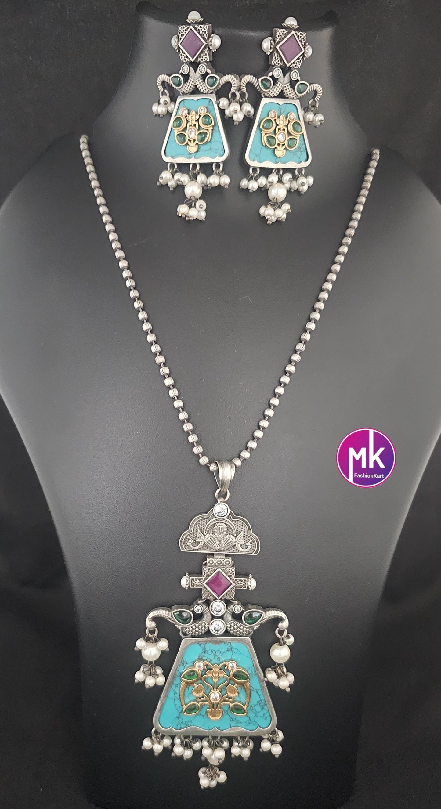 Celebrity Style Premium Quality oxidized Silver finish long chain with big pendent and matching Earrings - Fashion Jewelry - MK Fashionkart