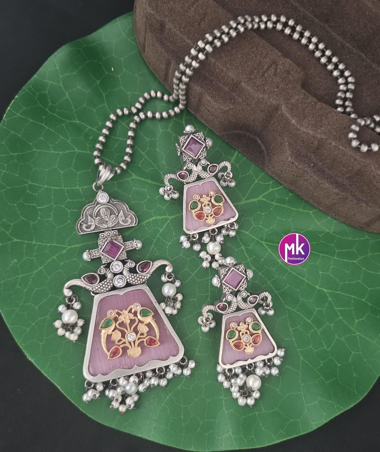Celebrity Style Premium Quality oxidized Silver finish long chain with big pendent and matching Earrings - Fashion Jewelry - MK Fashionkart