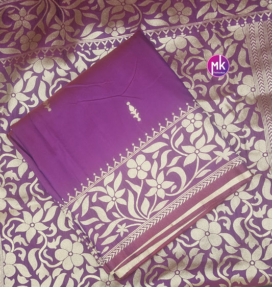 Purple and Black Color Beautiful pure Katan Silk Banarasi Soft Silk Saree w Golden border with running blouse (unstitched) - MK Fashionkart