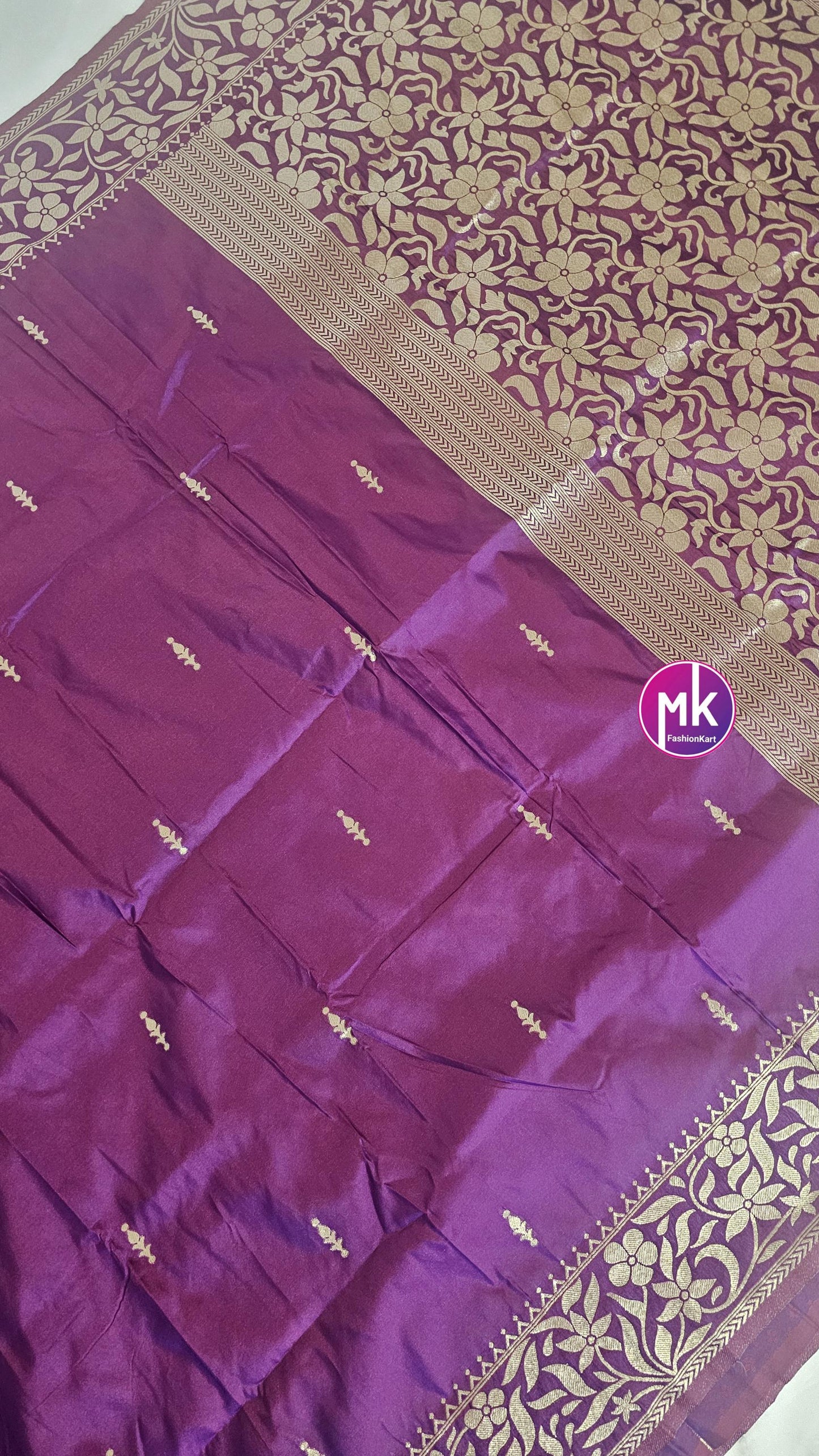 Purple and Black Color Beautiful pure Katan Silk Banarasi Soft Silk Saree w Golden border with running blouse (unstitched) - MK Fashionkart