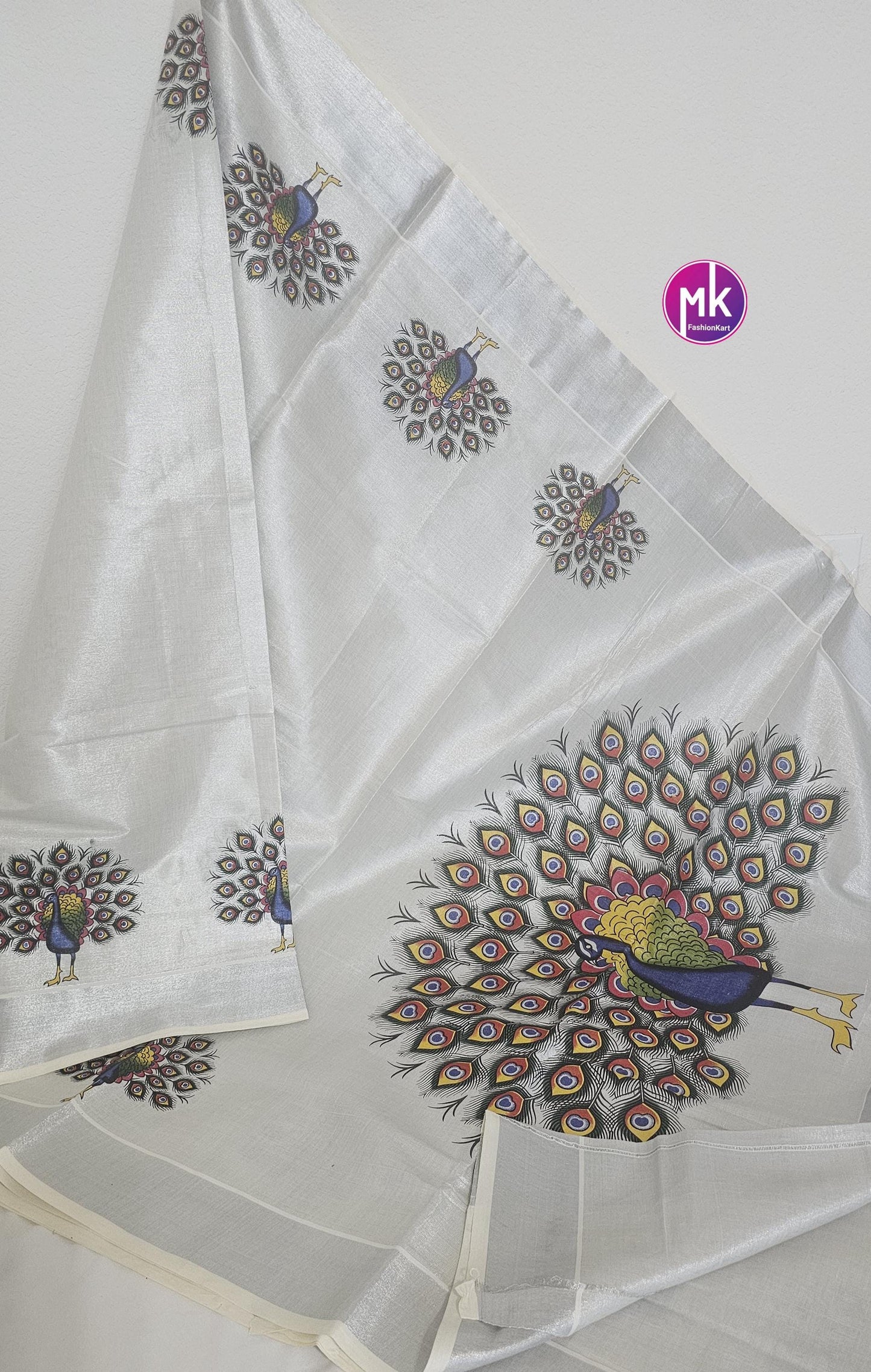 Traditional Peacock/Elephant Golden Tissue Kerala Kasavu Silk Saree - Pooja Saree from Kerala - Cotton Saree for all Season - MK Fashionkart