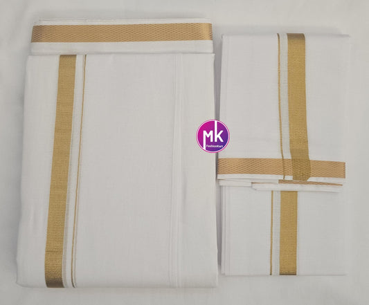 Men's Silk Cotton Dhothi/Vesti w Towel/Angavasthram (w Fastner) - Adult and Teenager Dhothi - size adjustable - 24/26, 28/30, 32/34, 36/38