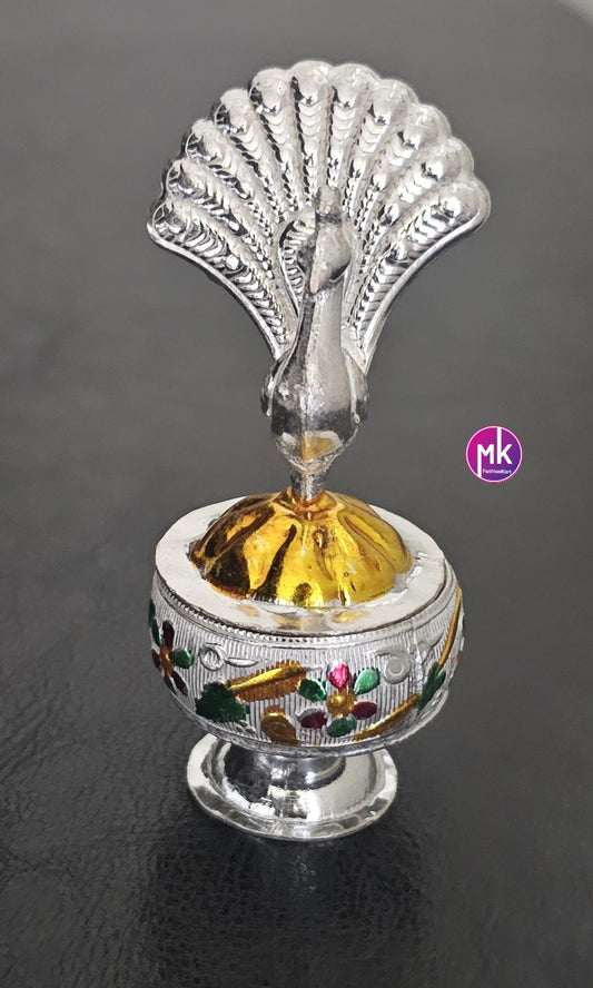Peacock design German Silver Meenakari work Kumkum holder for House Warming Gift, Pooja return gift, Kumkum Barani - MK Fashionkart
