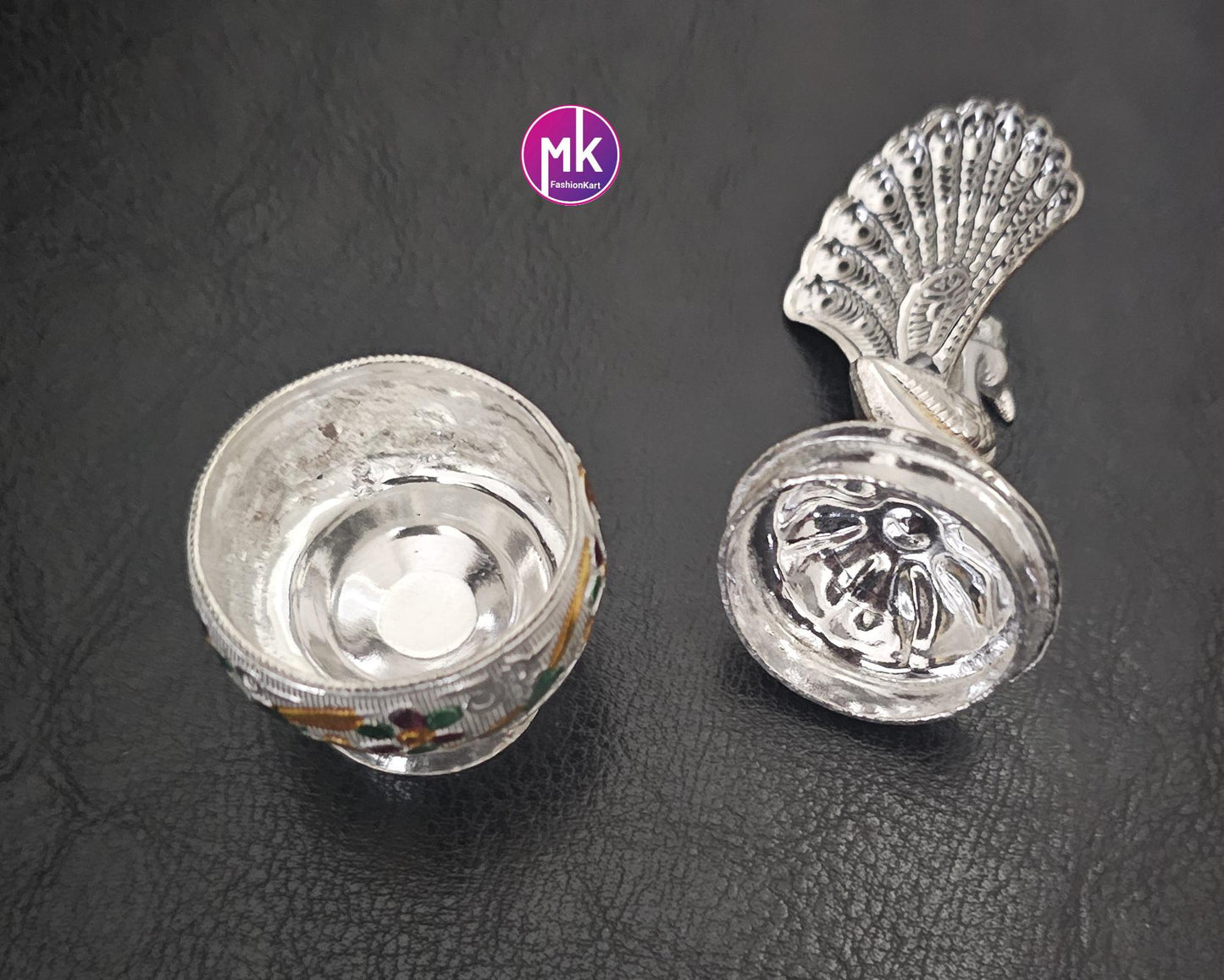 Peacock design German Silver Meenakari work Kumkum holder for House Warming Gift, Pooja return gift, Kumkum Barani - MK Fashionkart