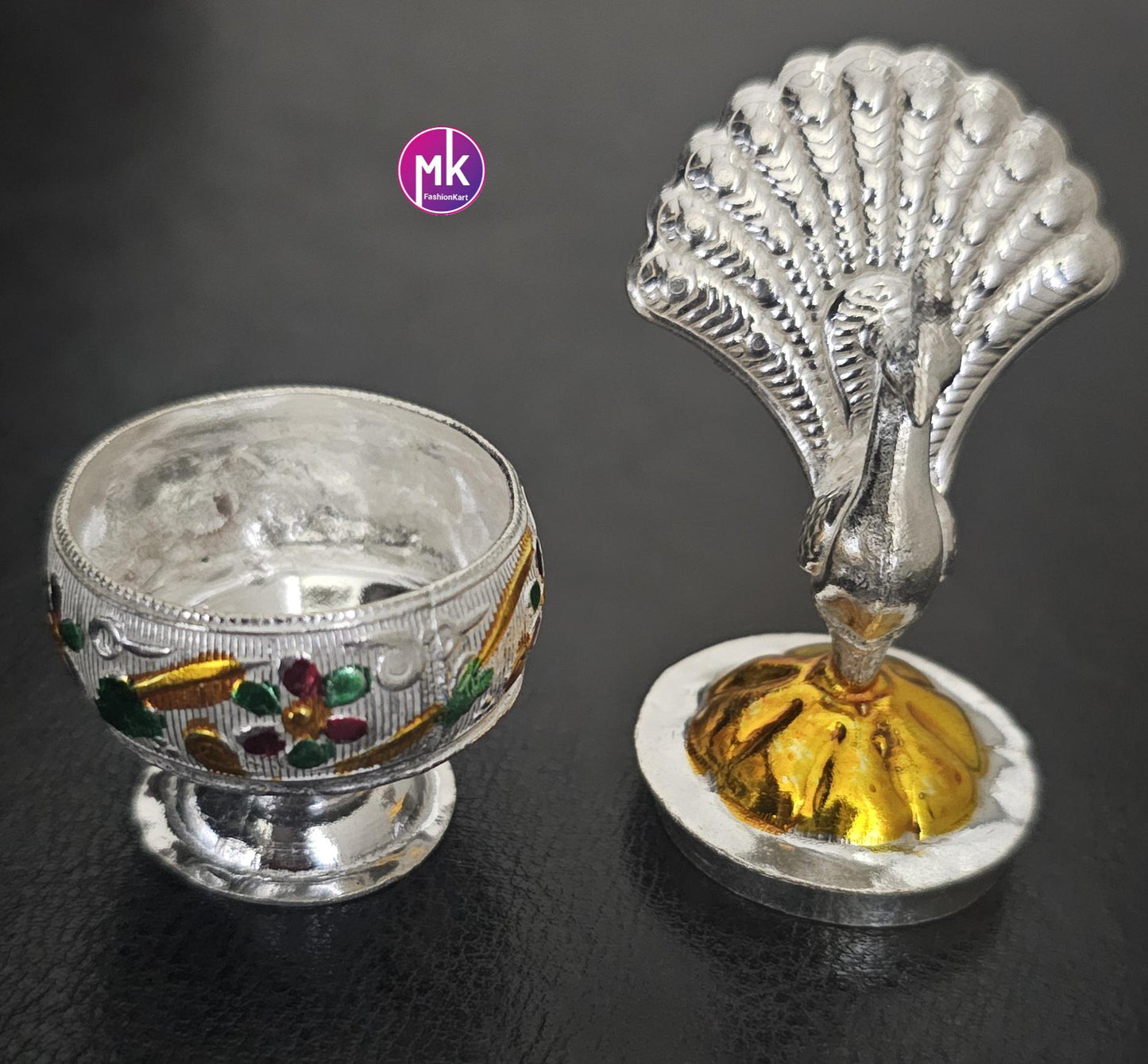Peacock design German Silver Meenakari work Kumkum holder for House Warming Gift, Pooja return gift, Kumkum Barani - MK Fashionkart