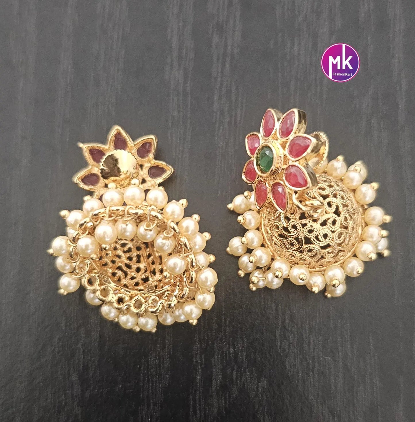 Premium Quality premium AD Stone with Pearl hanging Jhumkas - Wedding Jhumka - MK Fashionkart - Fashion Jewelry