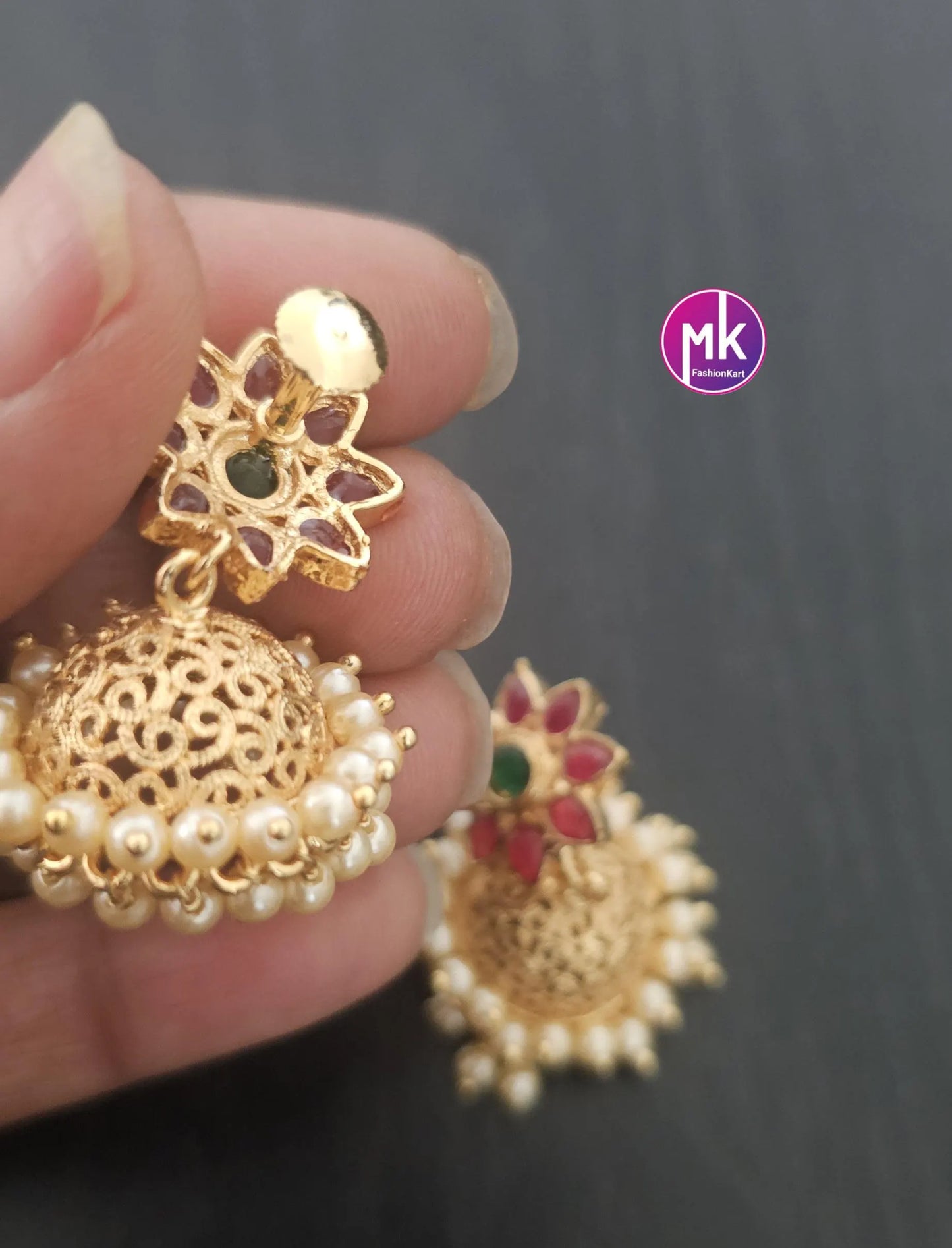 Premium Quality premium AD Stone with Pearl hanging Jhumkas - Wedding Jhumka - MK Fashionkart - Fashion Jewelry