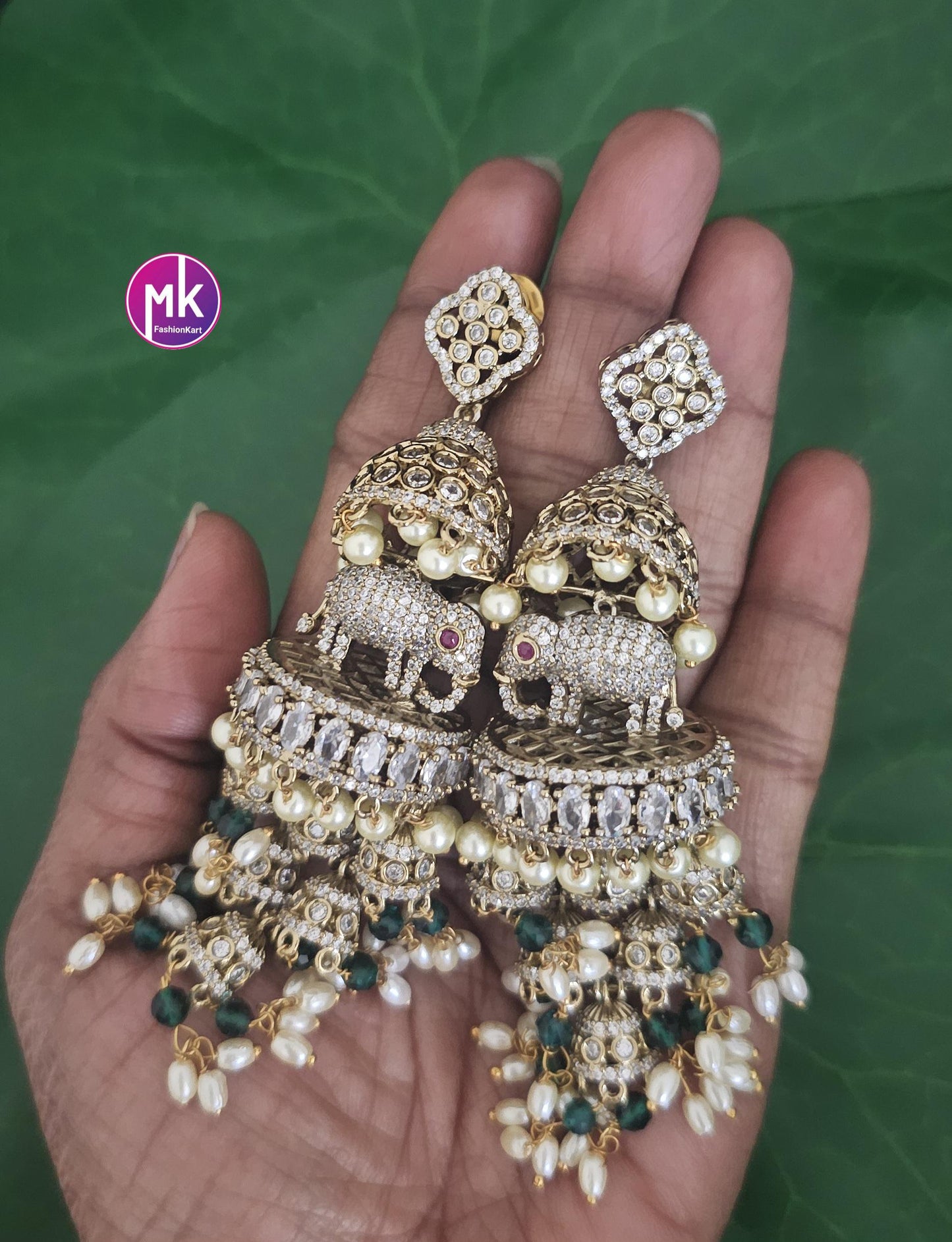 Premium quality premium polish Antique gold finish Elephant design Big Jhumka with hangings pearls - MK Fashionkart - Fashion Jewelry