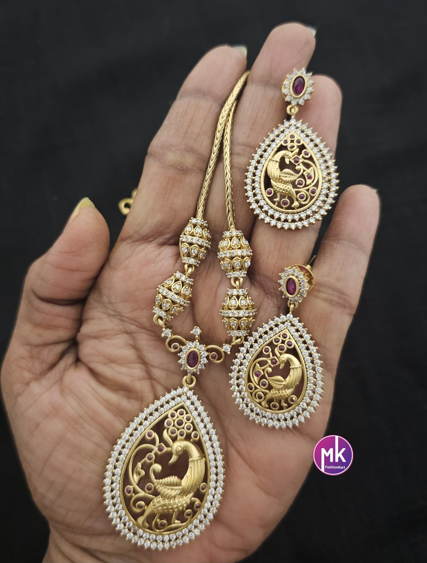 Peacock Premium Matte gold finish AD stone necklace with matching Big Earrings - Traditional Jewelry - Mk Fashionkart