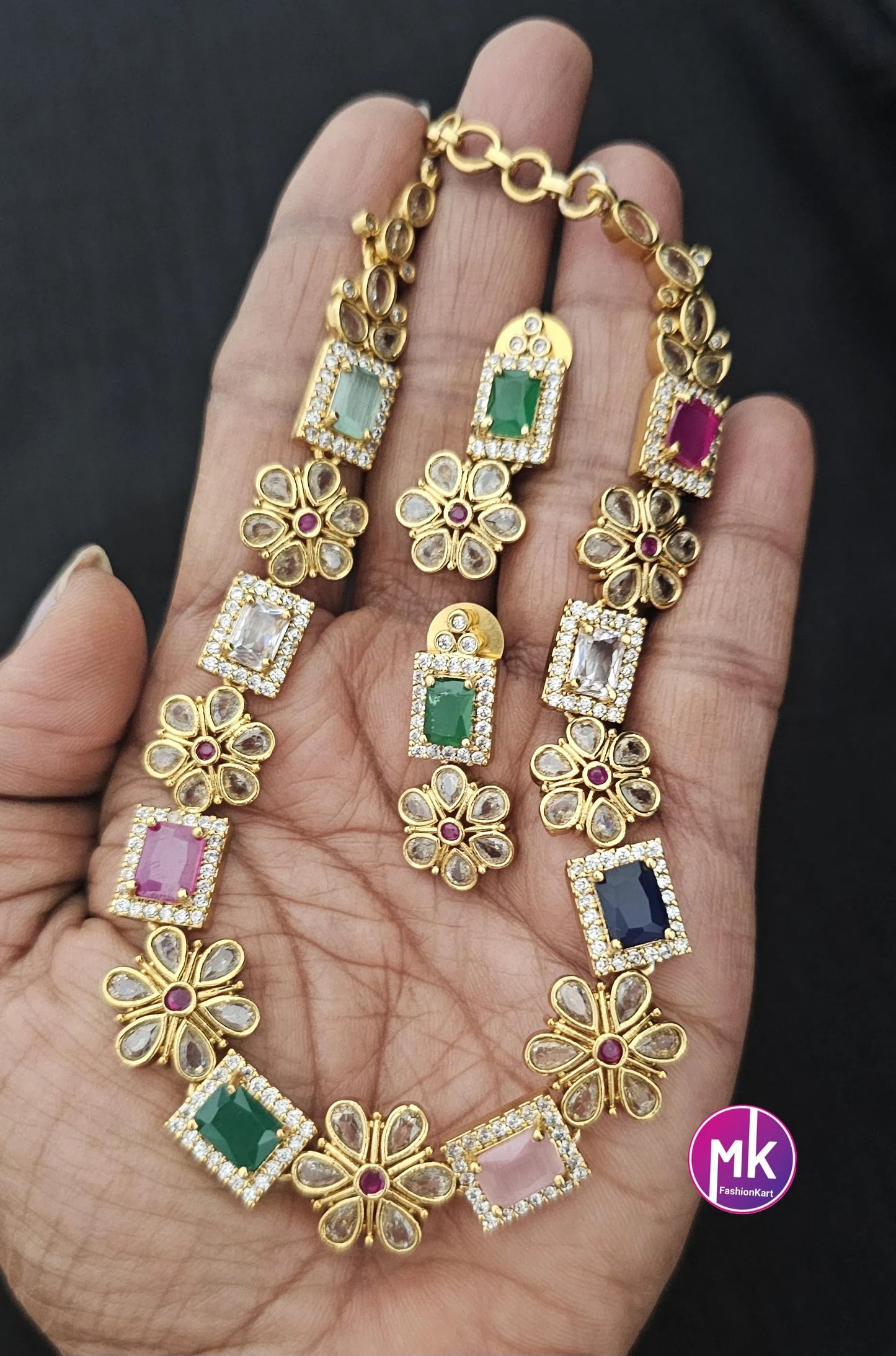 Premium quality Multi-color AD/CZ stone Flower design Necklace with cute Earrings - Gold Jewelry Replica Haram - MK Fashionkart