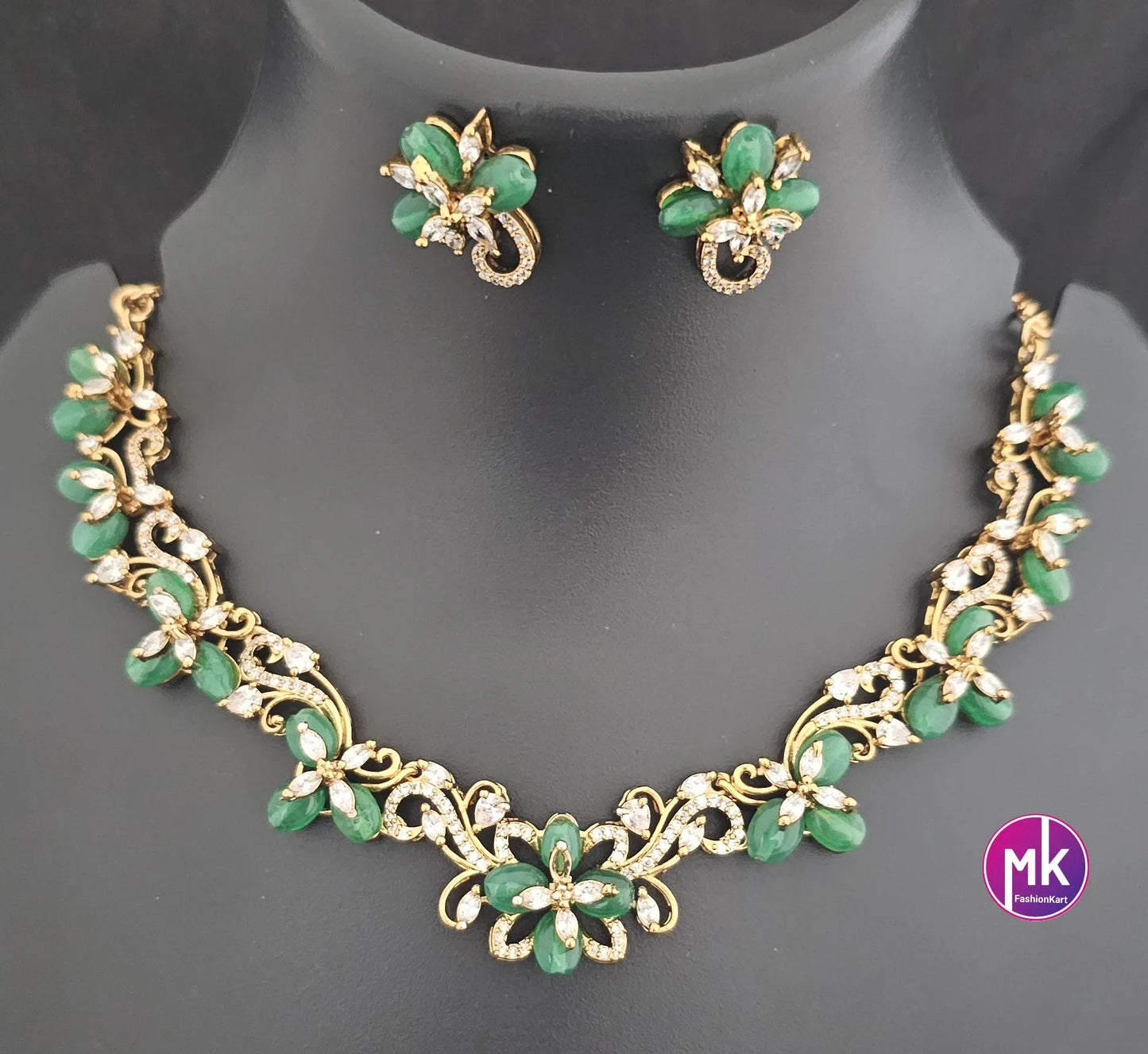 Flower design Premium quality Red, Green and Purple AD/CZ stone Necklace with Earrings - Fashion Jewelry - MK Fashionkart