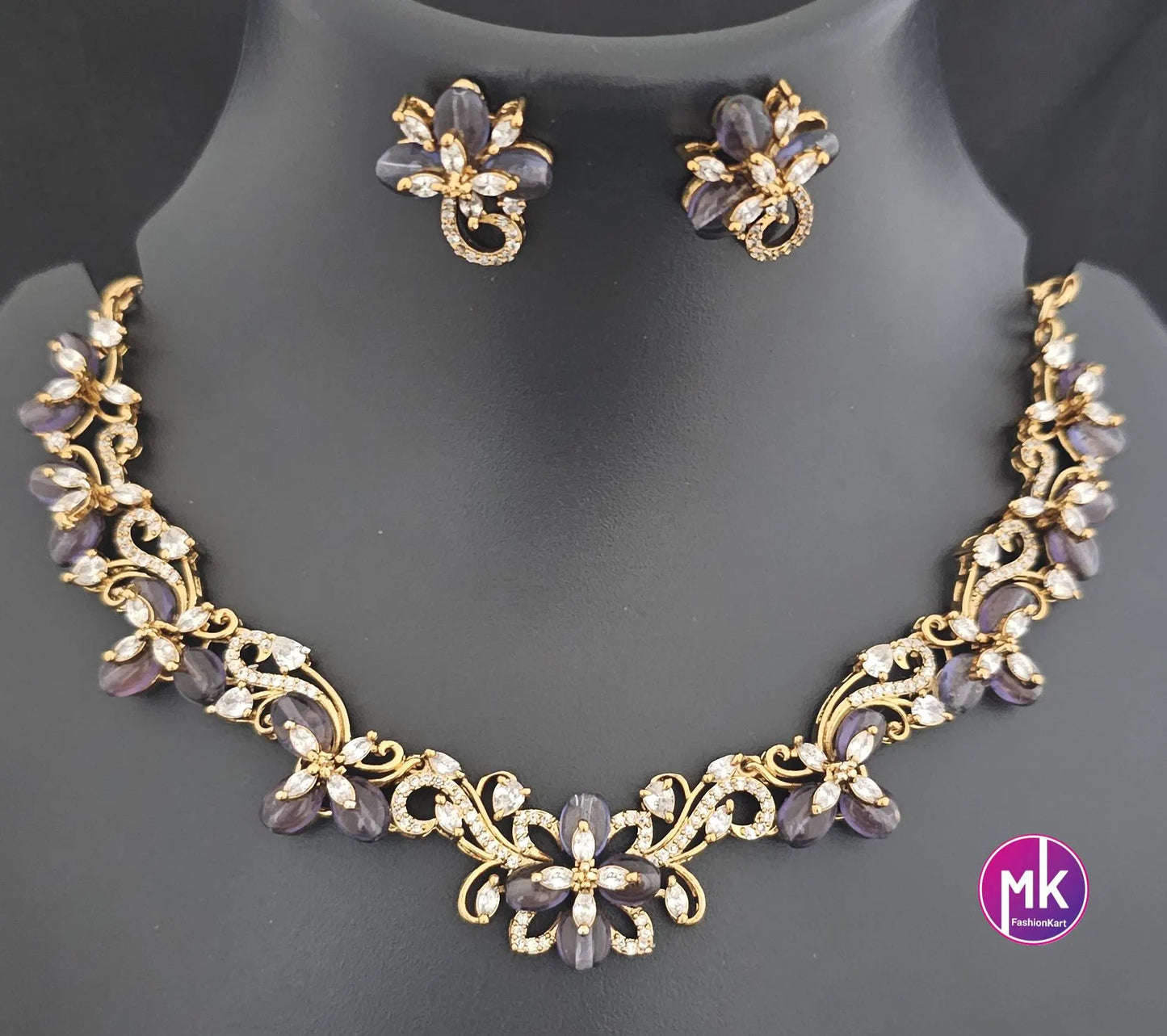Flower design Premium quality Red, Green and Purple AD/CZ stone Necklace with Earrings - Fashion Jewelry - MK Fashionkart